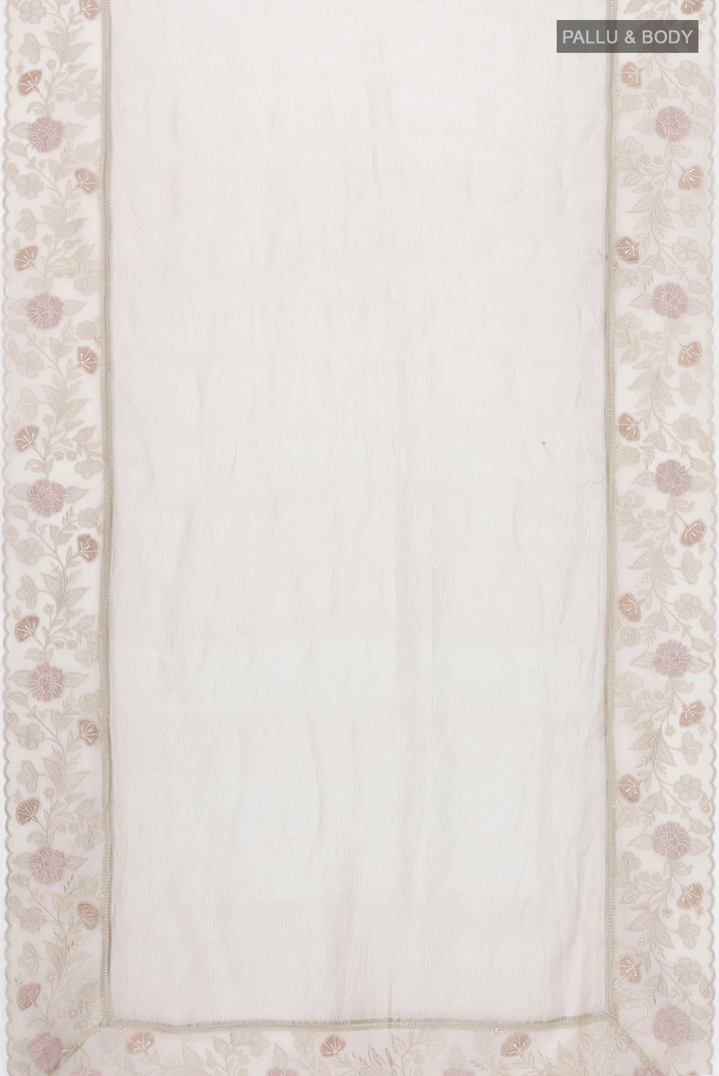 Flat view of Silver Tissue Silk Saree with Plain Body and Embroidery Border