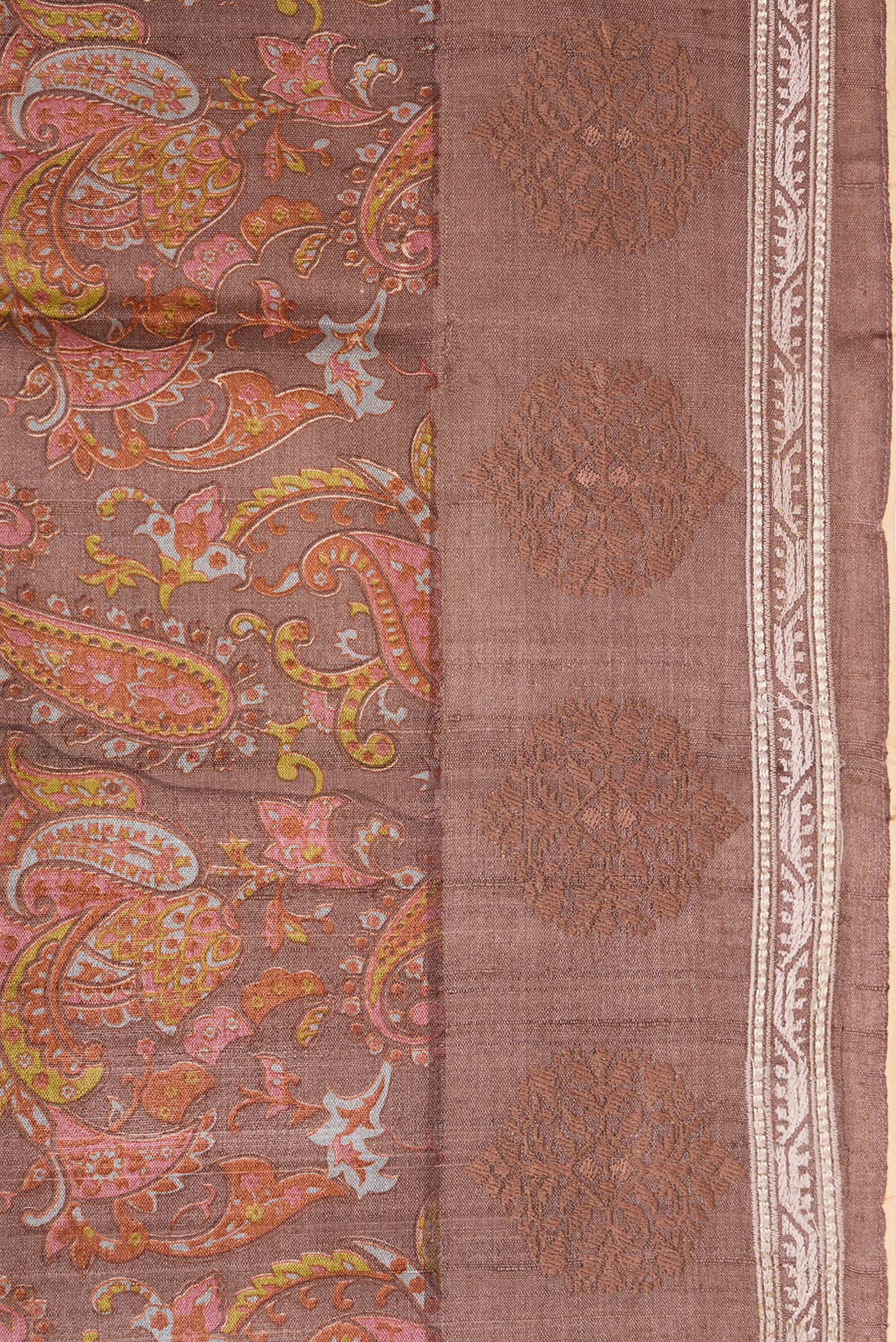 Border image of Brown Dual Tone Tussar Silk Saree with Printed design on the body and Embroidery Border. 