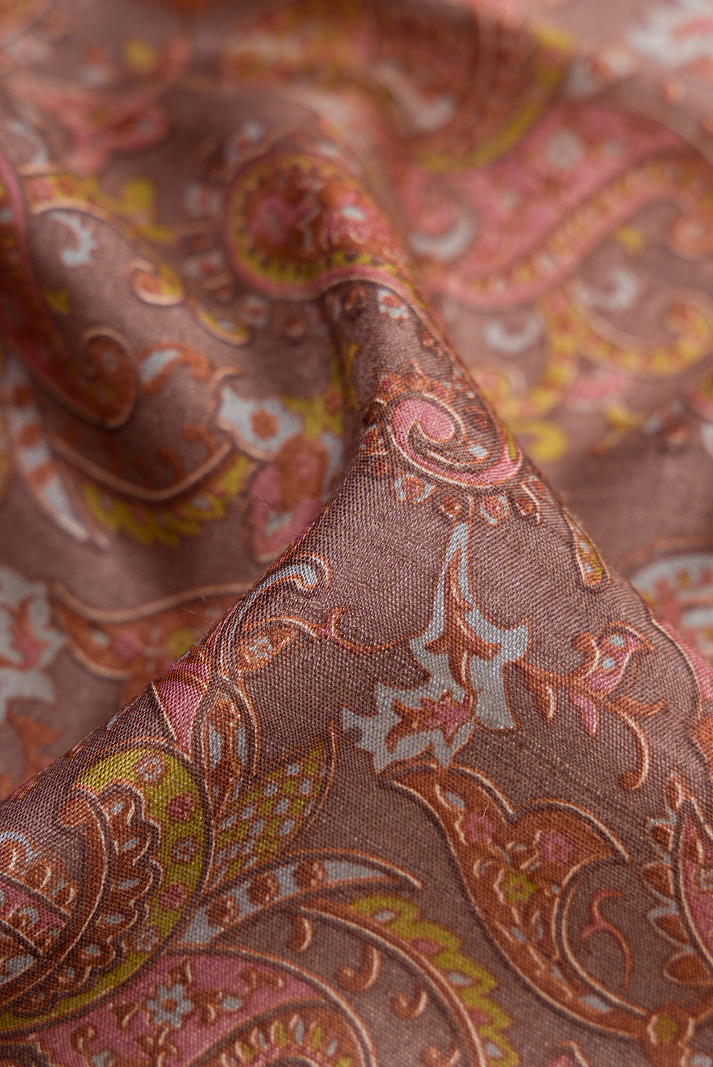 Close up of Brown Dual Tone Tussar Silk Saree with Printed design on the body and Embroidery Border.  displaying folds