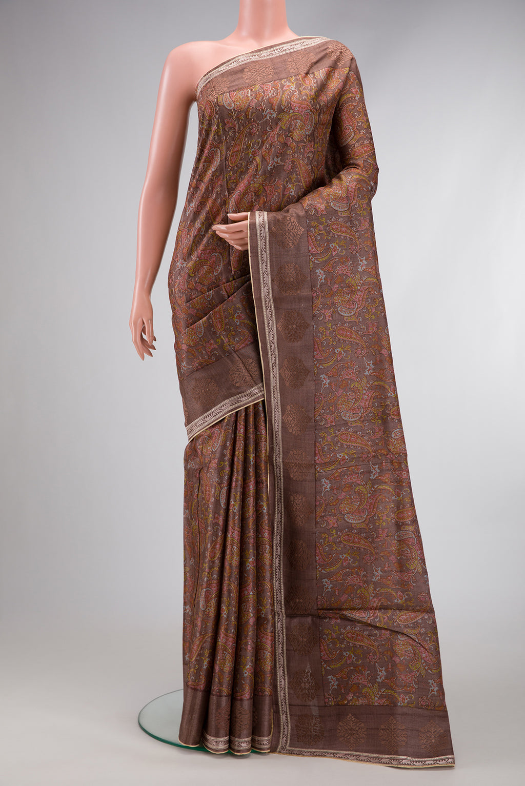 Brown Dual Tone Tussar Silk Saree with Printed design on the body and Embroidery Border.  displayed on a mannequin