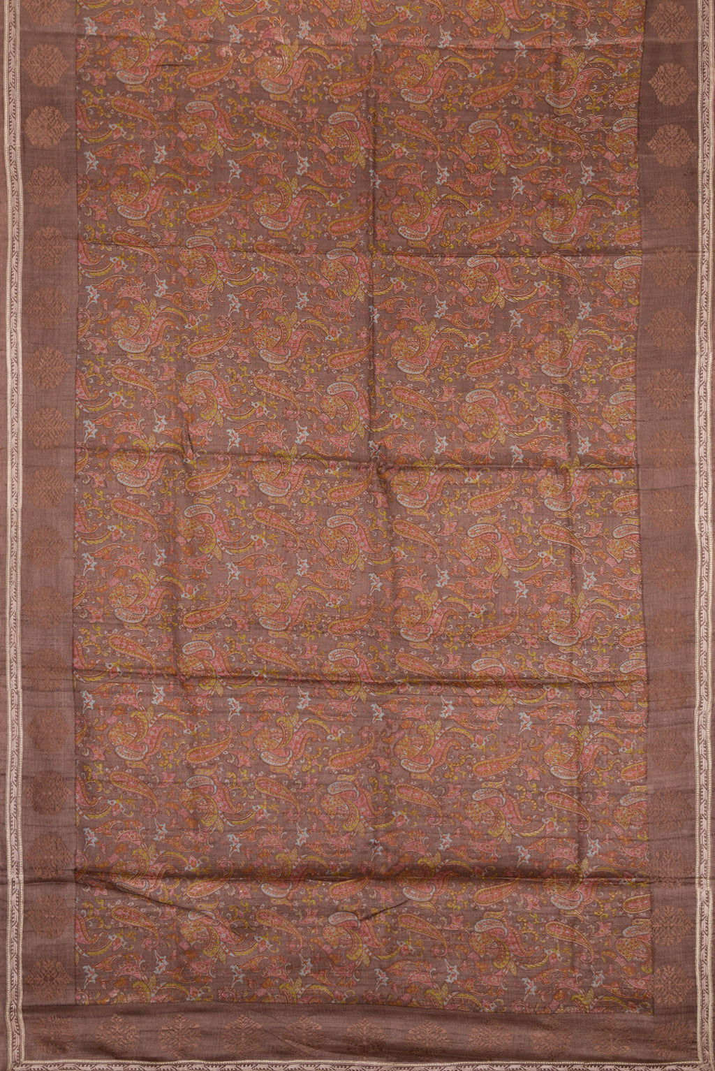 Flat view of Brown Dual Tone Tussar Silk Saree with Printed design on the body and Embroidery Border. 