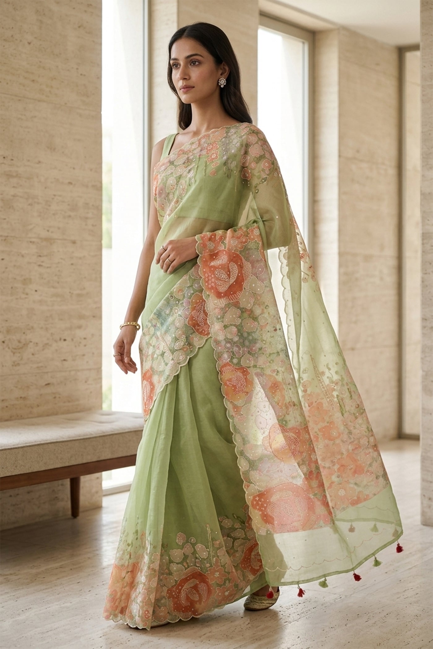 Model wearing a Pista Green Dual Tone Organza Silk Saree with Embroidery on the body and Embroidery Border.