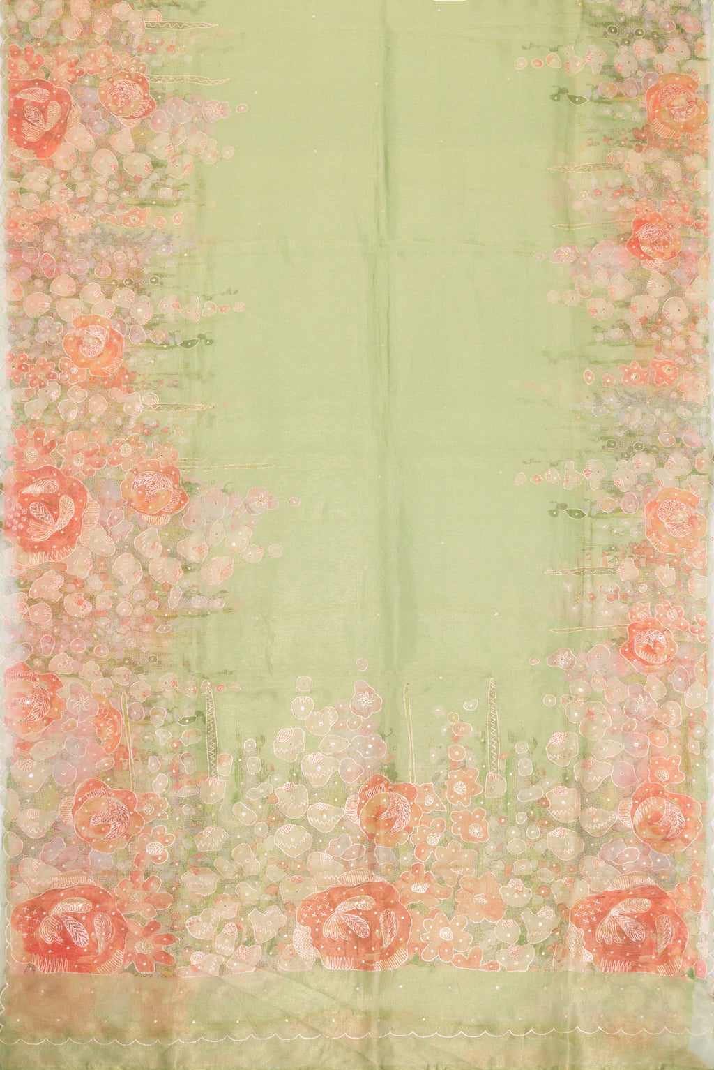 Flat view of Pista Green Dual Tone Organza Silk Saree with Embroidery on the body and Embroidery Border. 