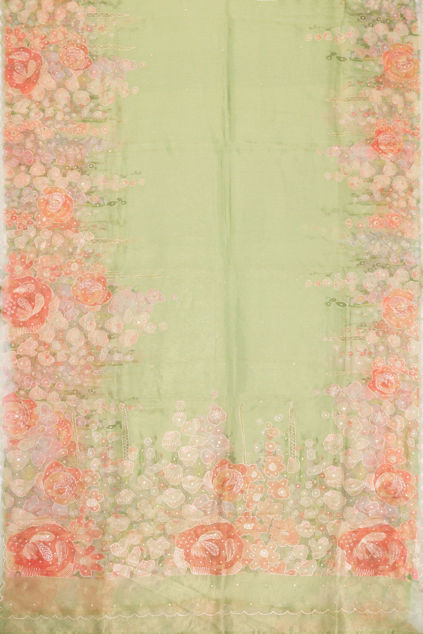 Flat view of Pista Green Dual Tone Organza Silk Saree with Embroidery on the body and Embroidery Border. 