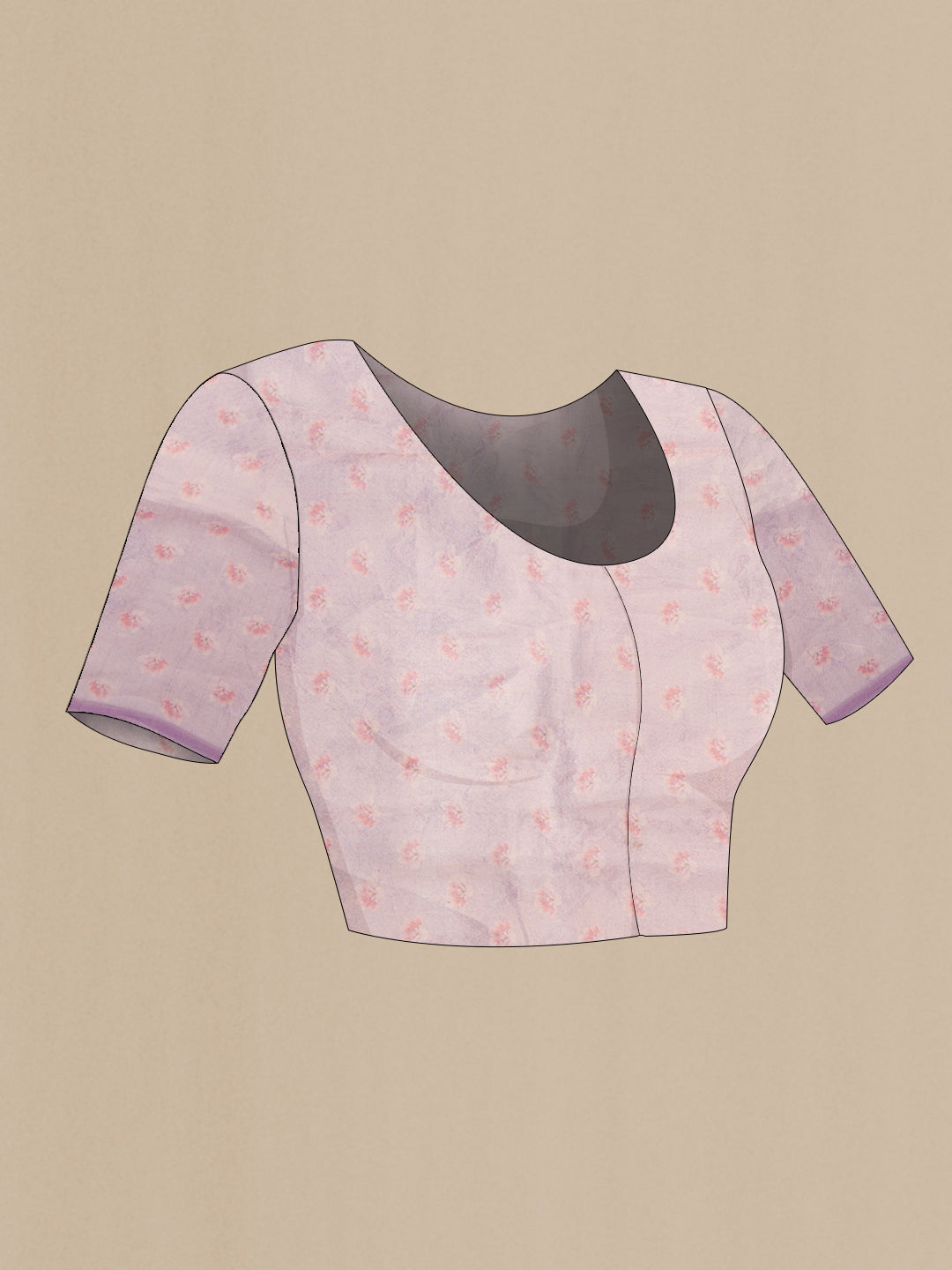 Close up image of the blouse of Rose Gold Dual Tone Organza Silk Saree with Embroidery on the body and Embroidery Border. 