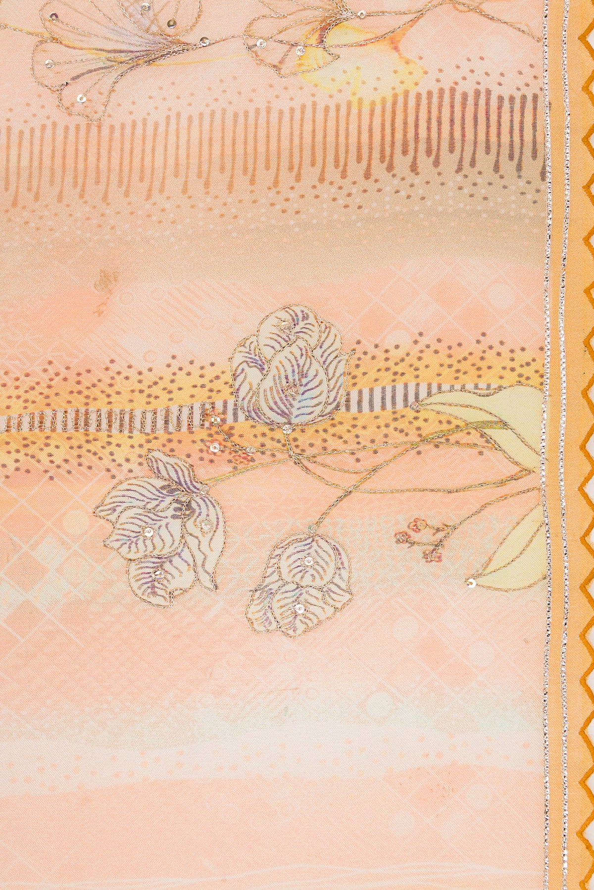 Border image of Peach Dual Tone Organza Silk Saree with Embroidery on the body and Embroidery Border. 