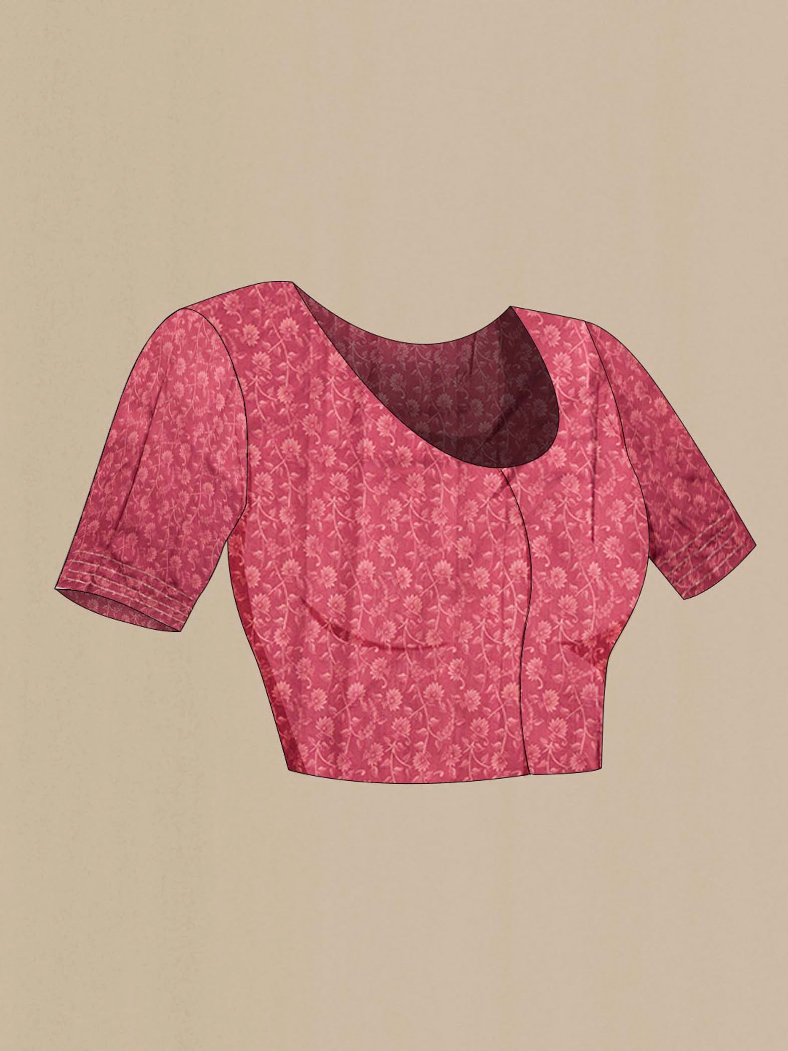 Close up image of the blouse of Maroon Organza Silk Saree with Floral Print on the body and Printed Border