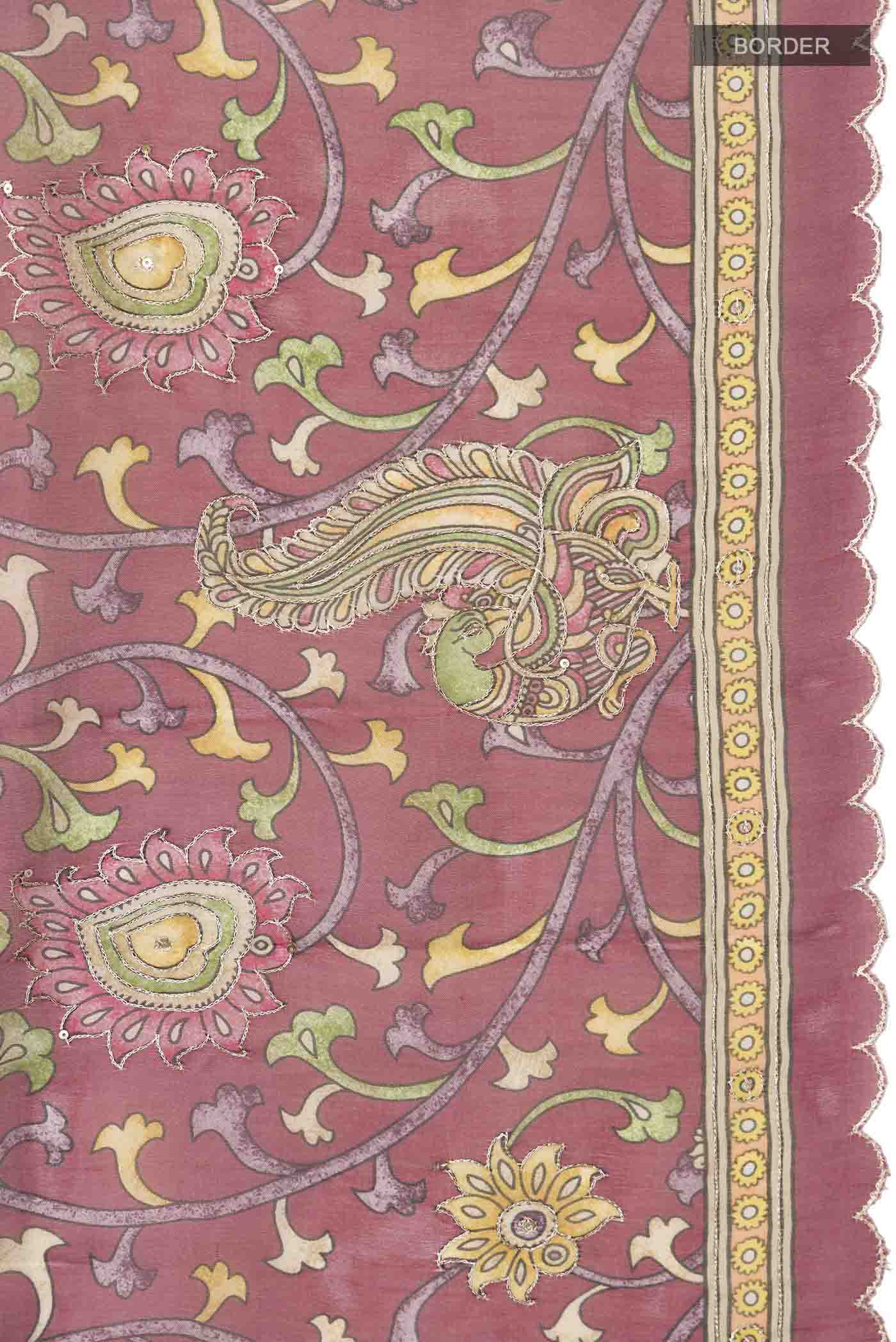 Border image of Maroon Organza Silk Saree with Floral Print on the body and Printed Border