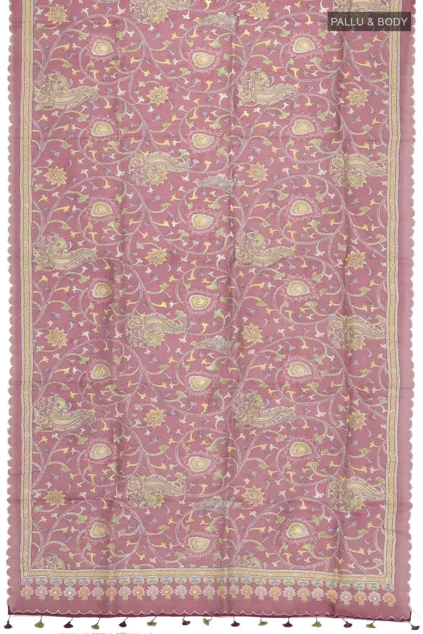 Flat view of Maroon Organza Silk Saree with Floral Print on the body and Printed Border