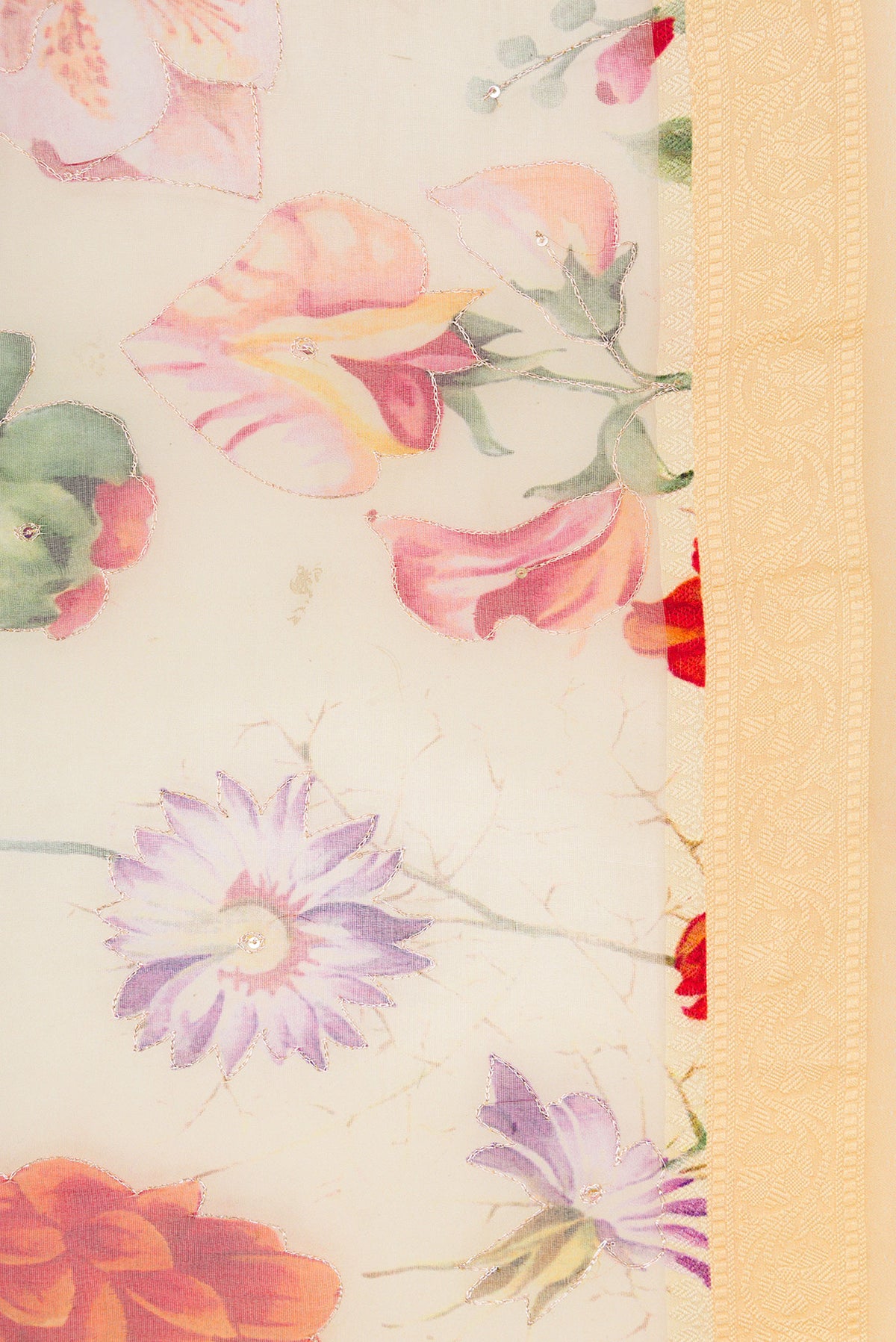 Border image of Sandal Dual Tone Organza Silk Saree with Embroidery on the body and Thread Border. 