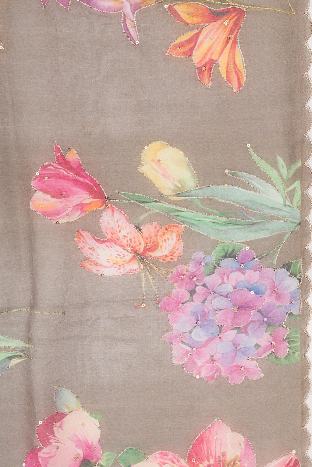 Border image of Brown Dual Tone Organza Silk Saree with Printed design on the body and Embroidery Border. 