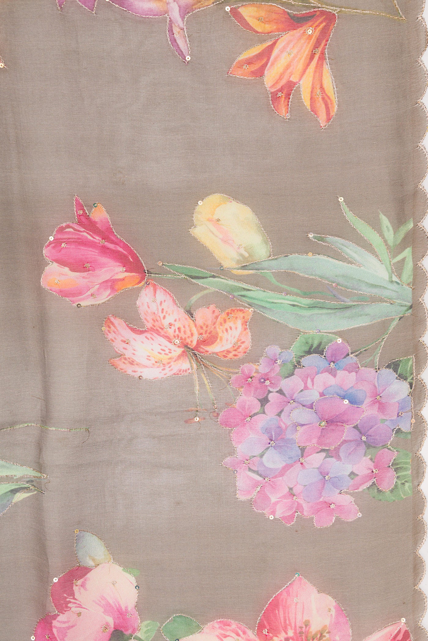 Border image of Brown Dual Tone Organza Silk Saree with Printed design on the body and Embroidery Border. 