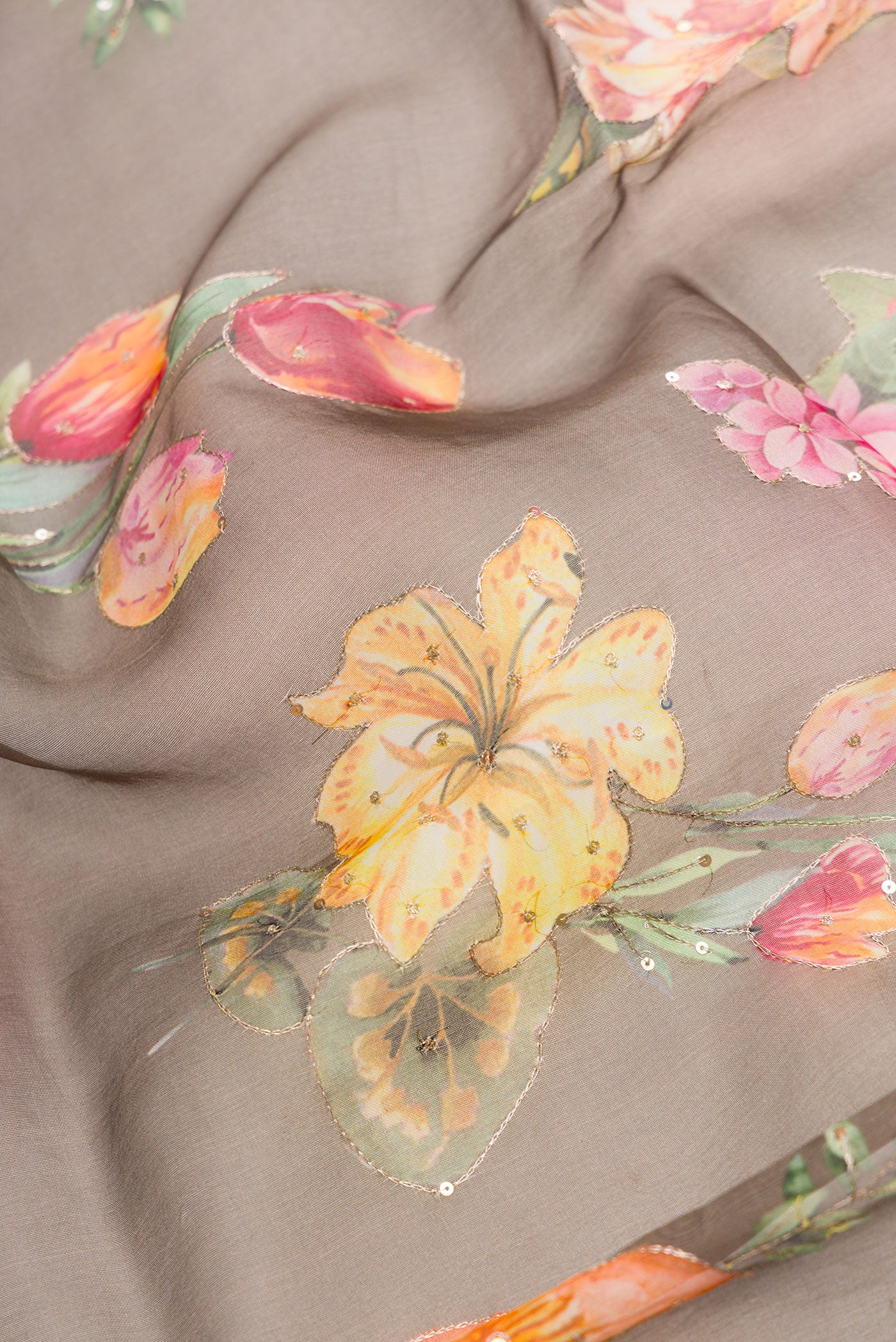 Close up of Brown Dual Tone Organza Silk Saree with Printed design on the body and Embroidery Border.  displaying folds