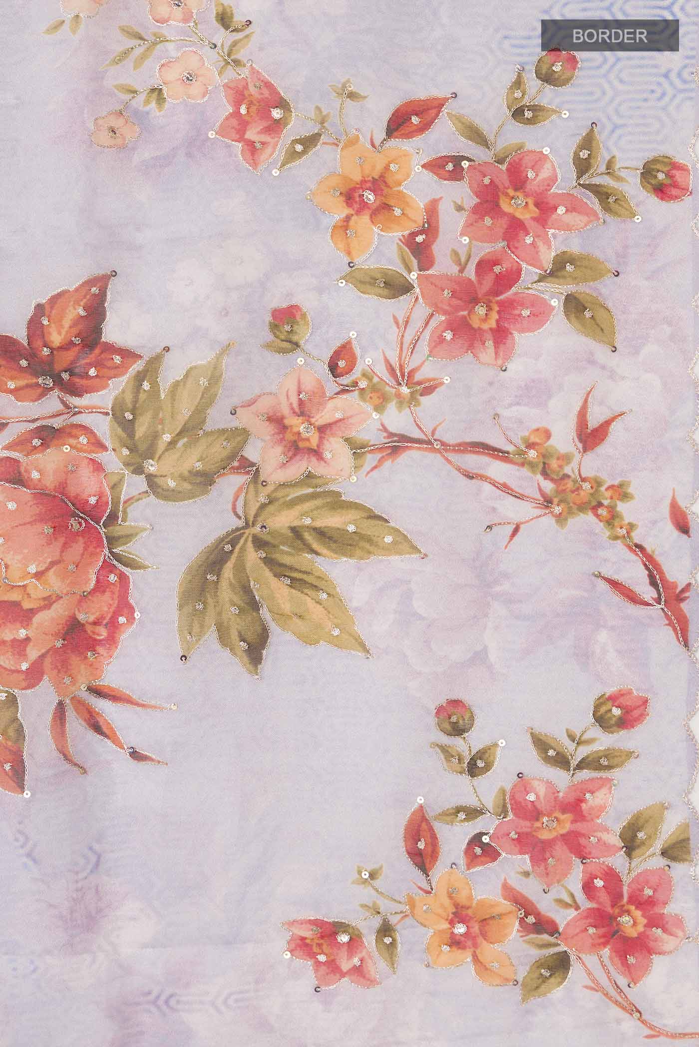 Border image of Lavender Organza Silk Saree with Embroidery on the body and Without Border