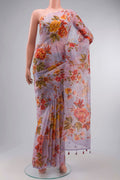 Lavender Organza Silk Saree with Embroidery on the body and Without Border displayed on a mannequin
