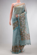 Maya Blue Dual Tone Organza Silk Saree with Embroidery on the body and Embroidery Border.  displayed on a mannequin