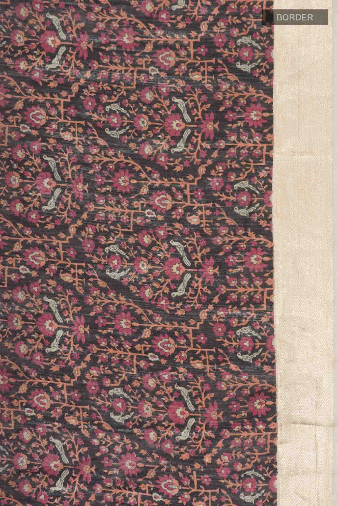 Border image of Black Tussar Silk Saree with Printed design on the body and Zari Border