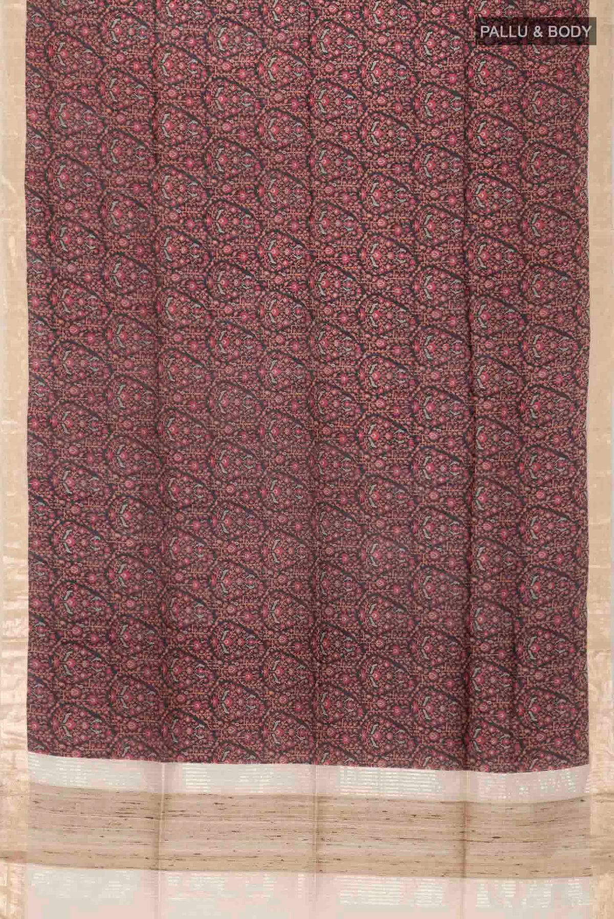 Flat view of Black Tussar Silk Saree with Printed design on the body and Zari Border