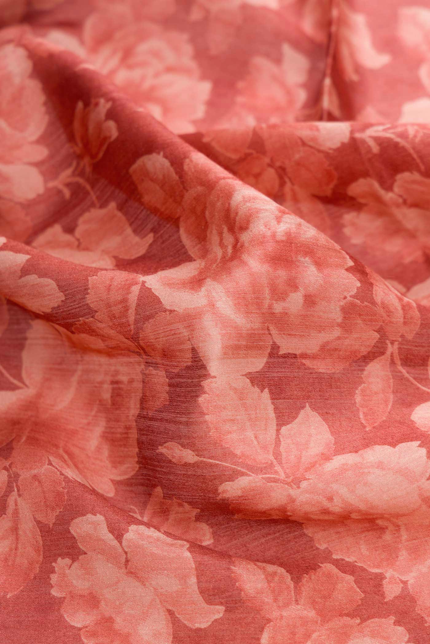 Close up of Dark Pink Dual Tone Tussar Silk Saree with Printed design on the body and Zari Border displaying folds