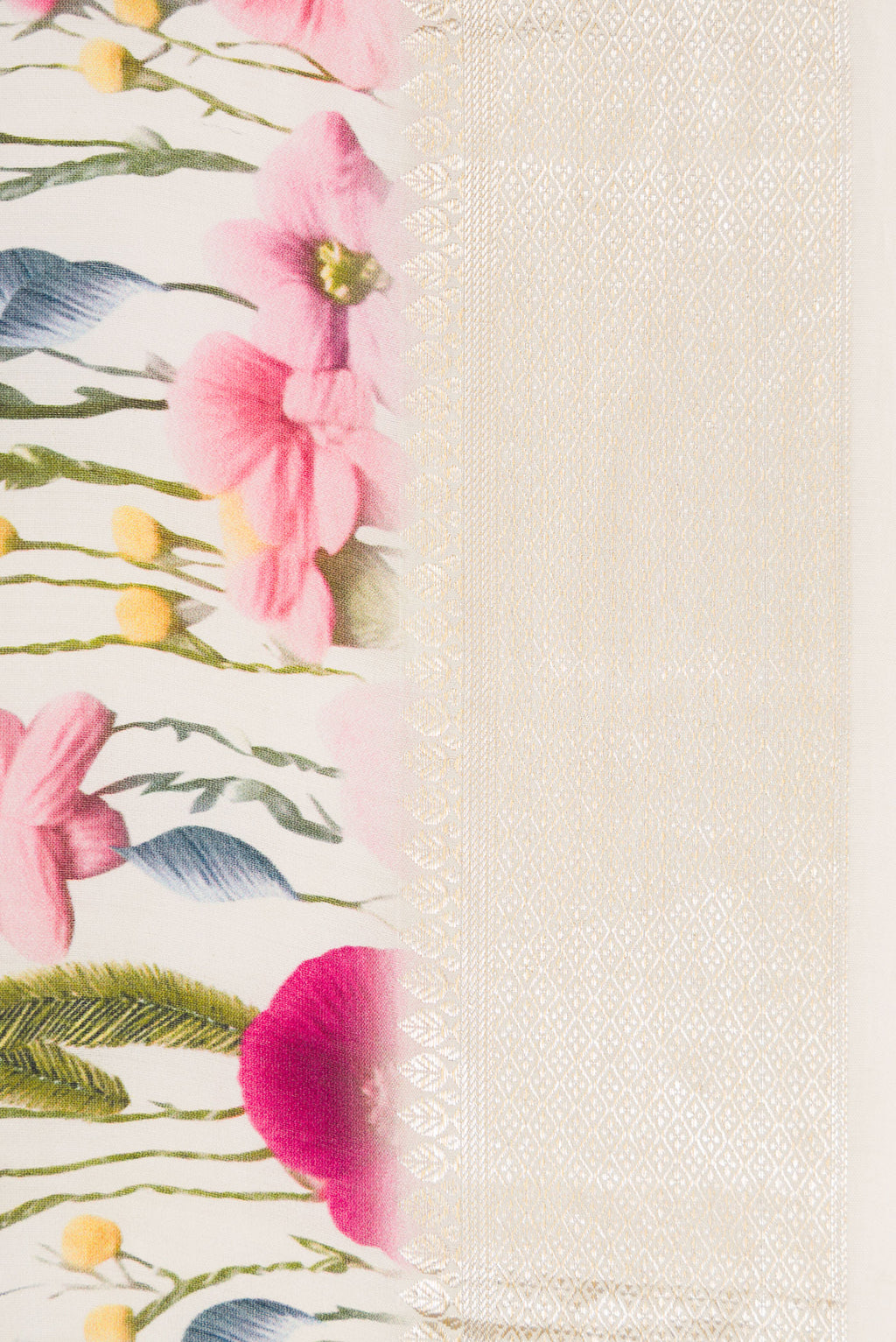 Border image of Off White Dual Tone Tussar Silk Saree with Printed design on the body and Zari Border. 