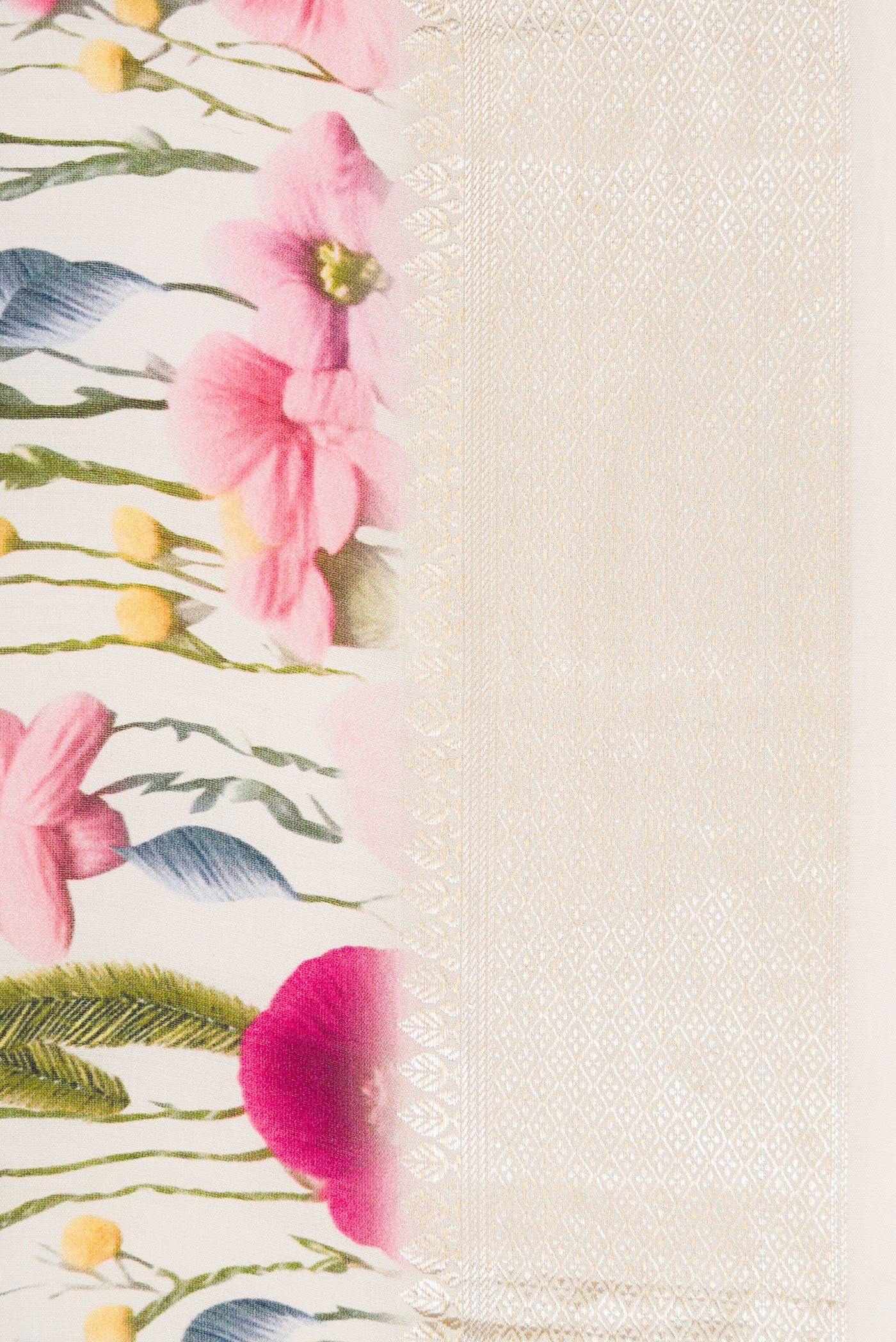 Border image of Off White Dual Tone Tussar Silk Saree with Printed design on the body and Zari Border. 