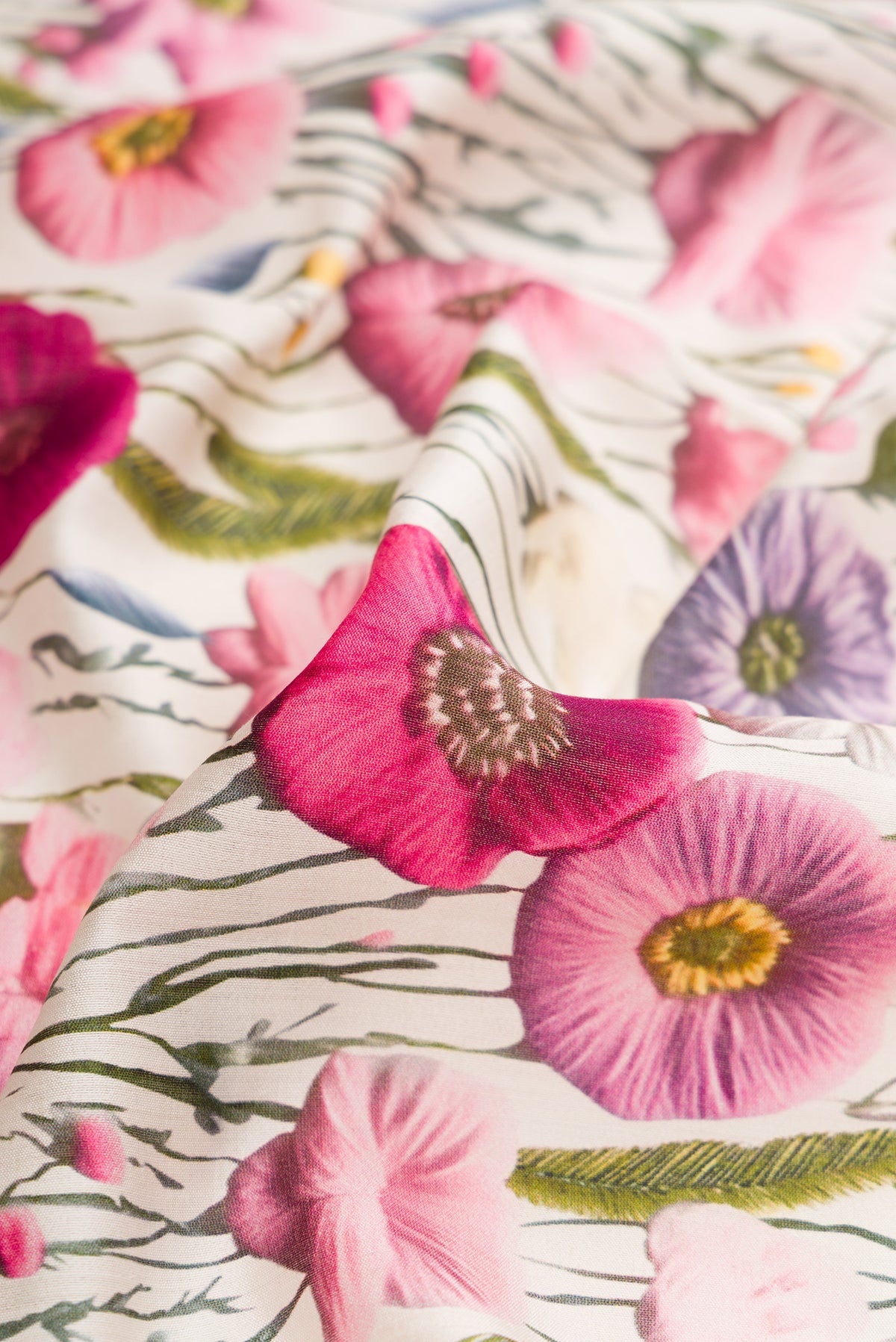 Close up of Off White Dual Tone Tussar Silk Saree with Printed design on the body and Zari Border.  displaying folds