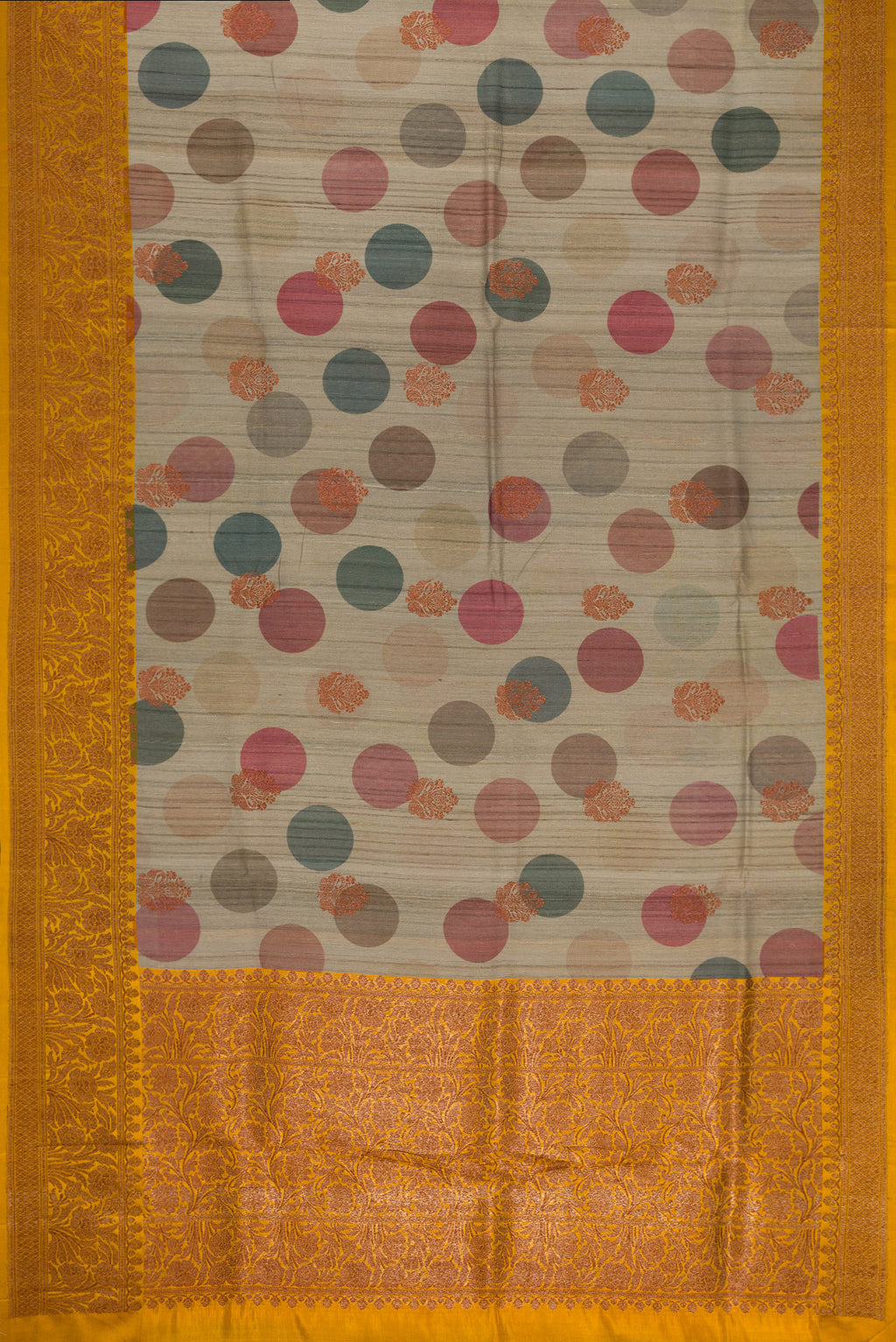 Flat view of Grey Dual Tone Tussar Silk Saree with Printed design on the body and Fancy Border. 