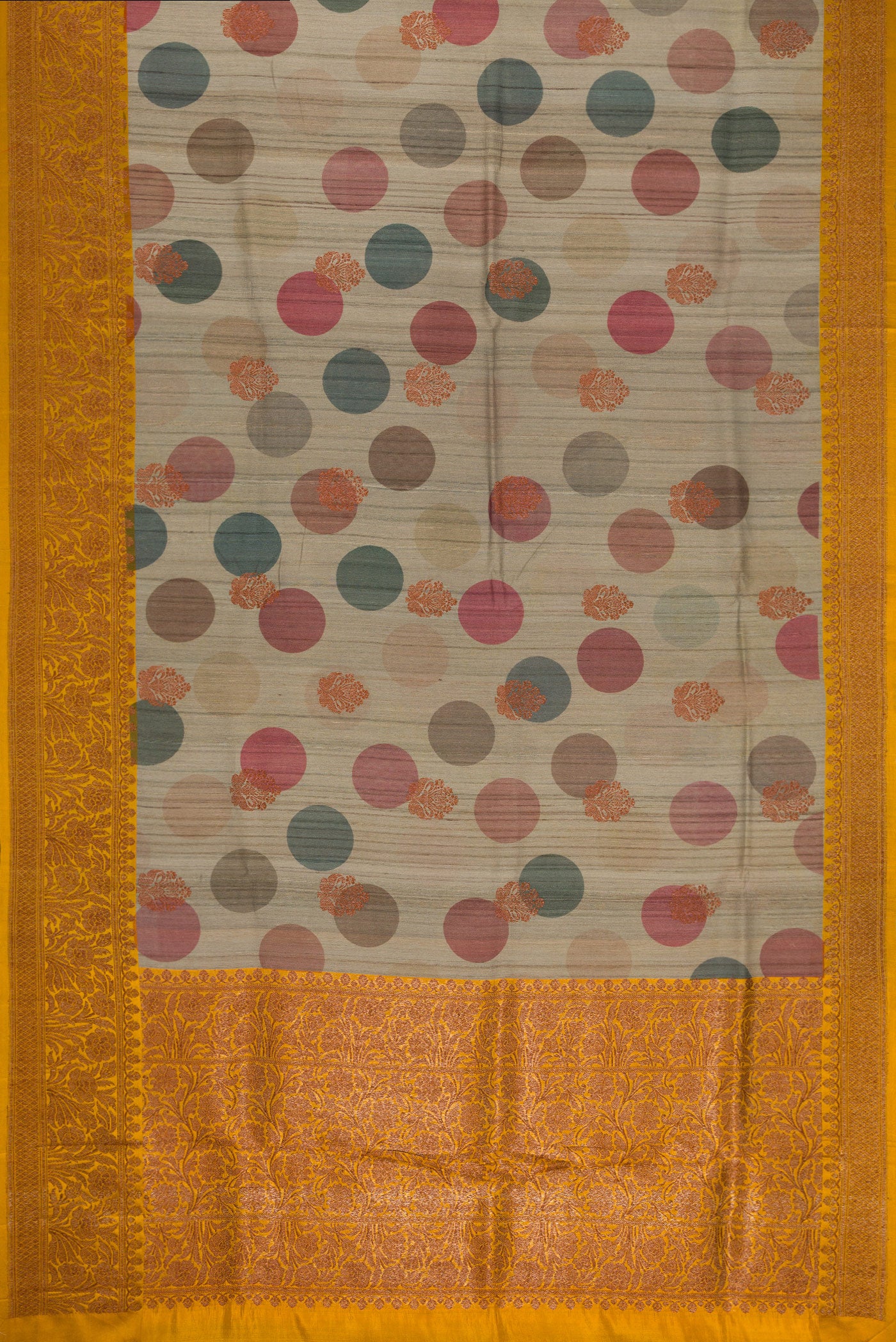 Flat view of Grey Dual Tone Tussar Silk Saree with Printed design on the body and Fancy Border. 