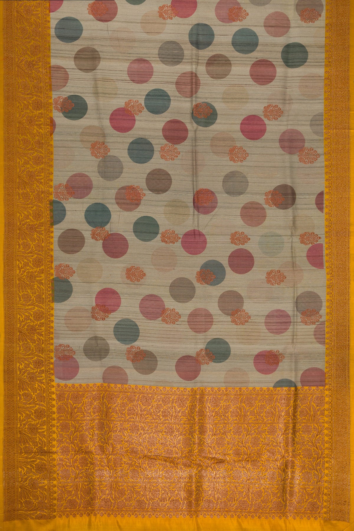 Flat view of Grey Dual Tone Tussar Silk Saree with Printed design on the body and Fancy Border. 
