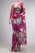 Purple Dual Tone Tussar Silk Saree with Printed design on the body and Without Border.  displayed on a mannequin