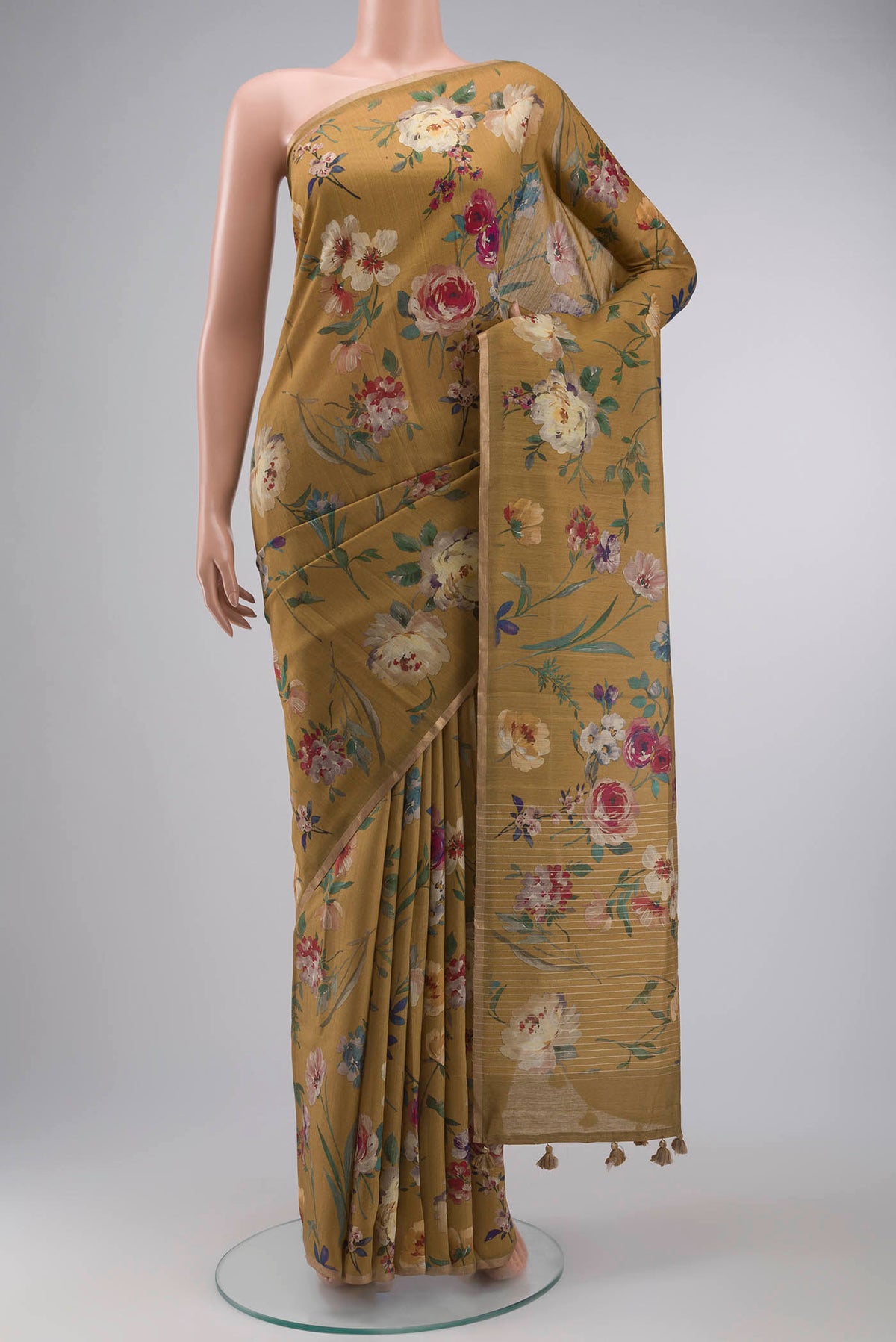Brown Bhagalpuri Tussar Silk Saree with Floral Print on the body and Thin Zari Line displayed on a mannequin