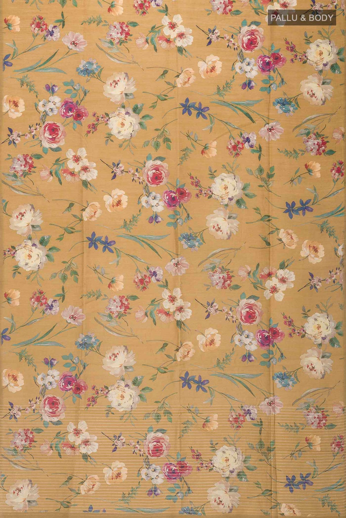 Flat view of Brown Bhagalpuri Tussar Silk Saree with Floral Print on the body and Thin Zari Line