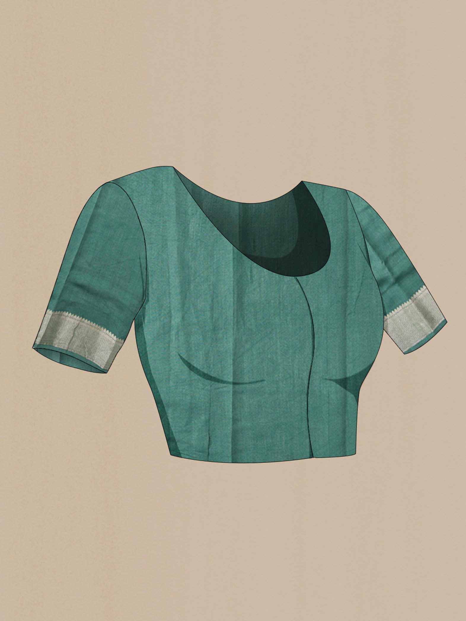 Close up image of the blouse of Green Tussar Silk Saree with Printed design on the body and Zari Border