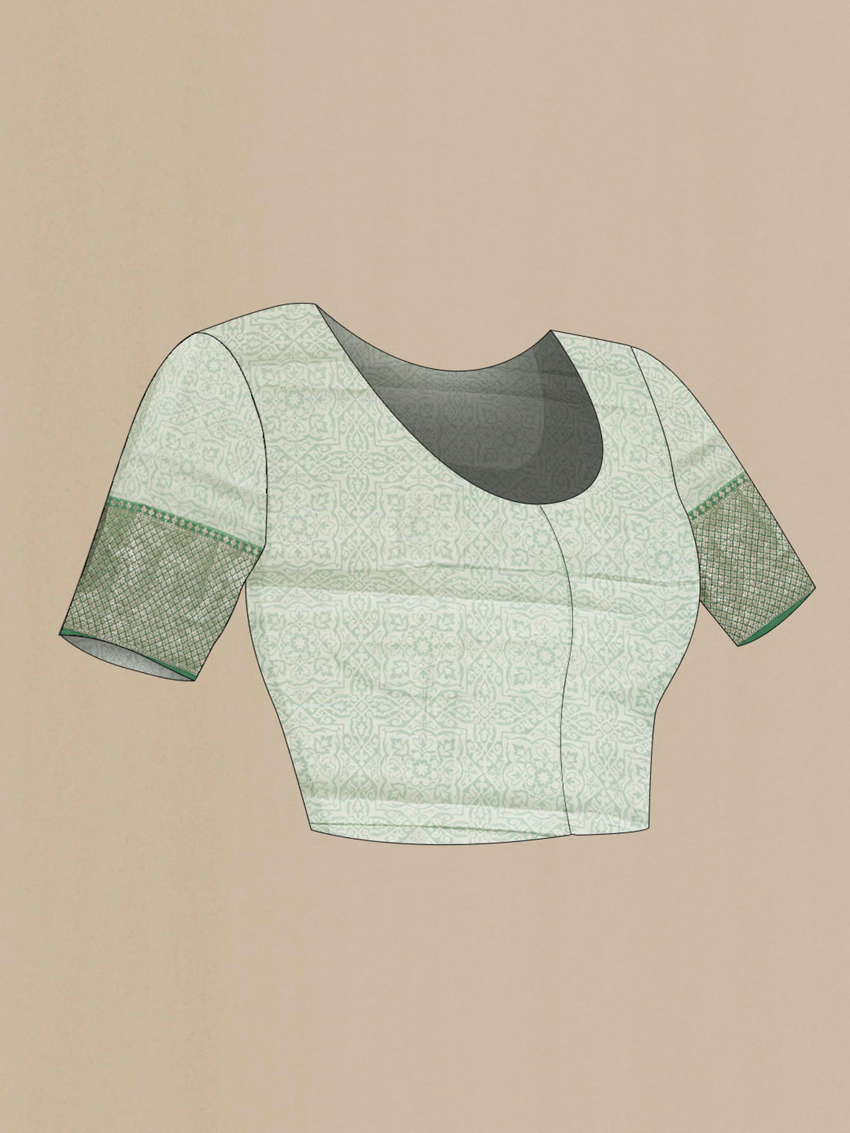 Close up image of the blouse of Green Tussar Silk Saree with Printed design on the body and Zari Border
