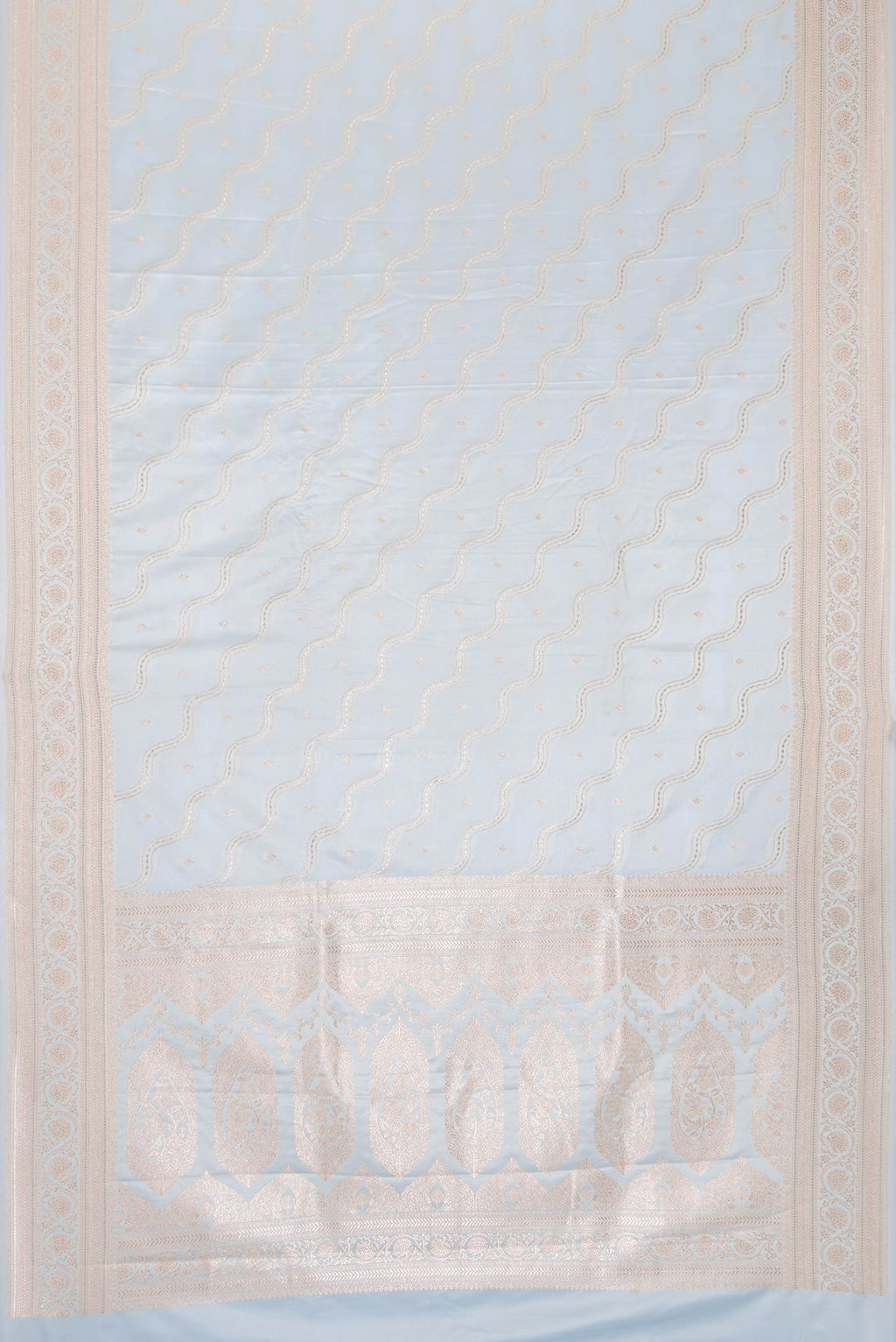 Flat view of Grey Dual Tone Blended Banarasi Silk Saree with Zari Brocade on the body and Zari Border. 