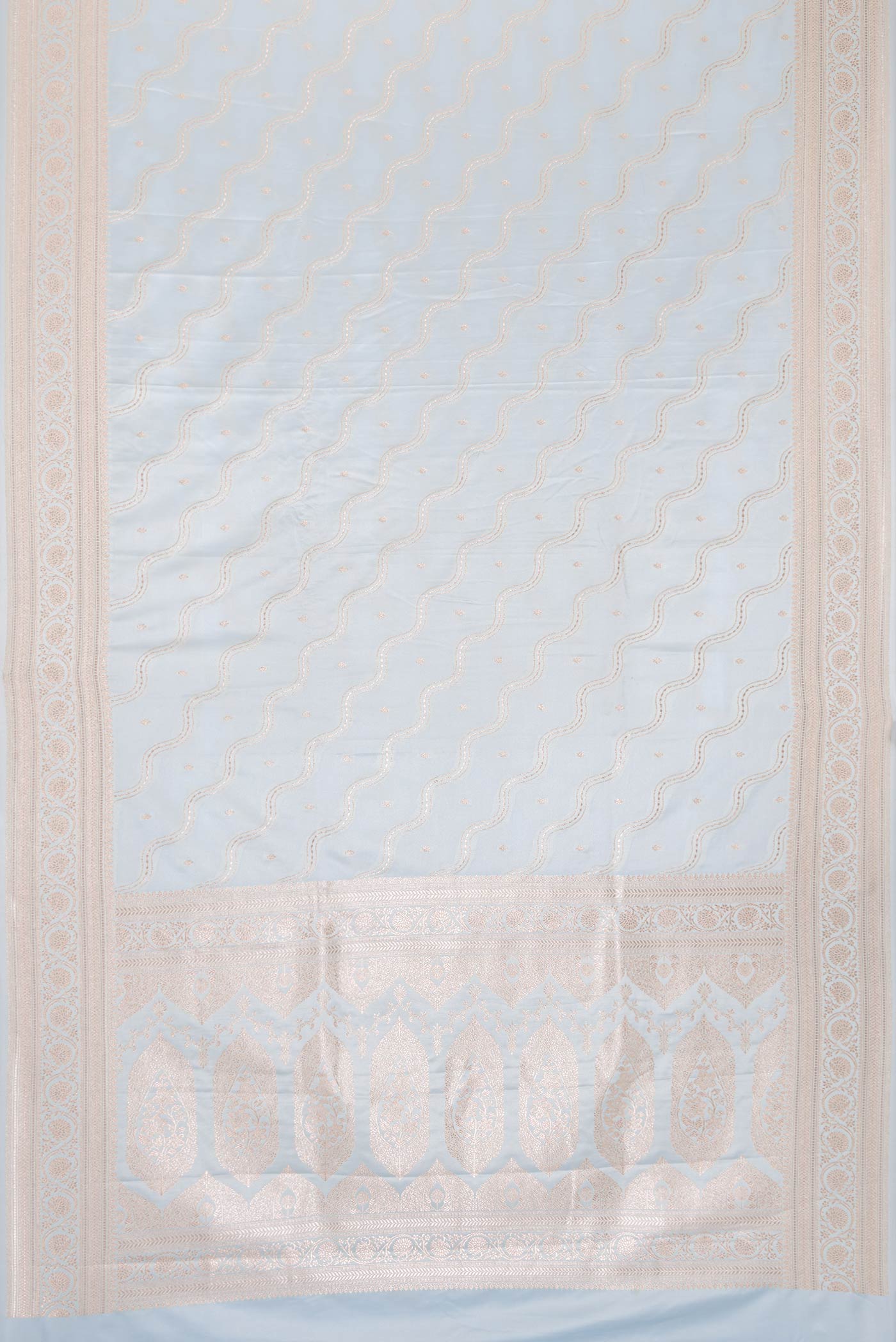 Flat view of Grey Dual Tone Blended Banarasi Silk Saree with Zari Brocade on the body and Zari Border. 