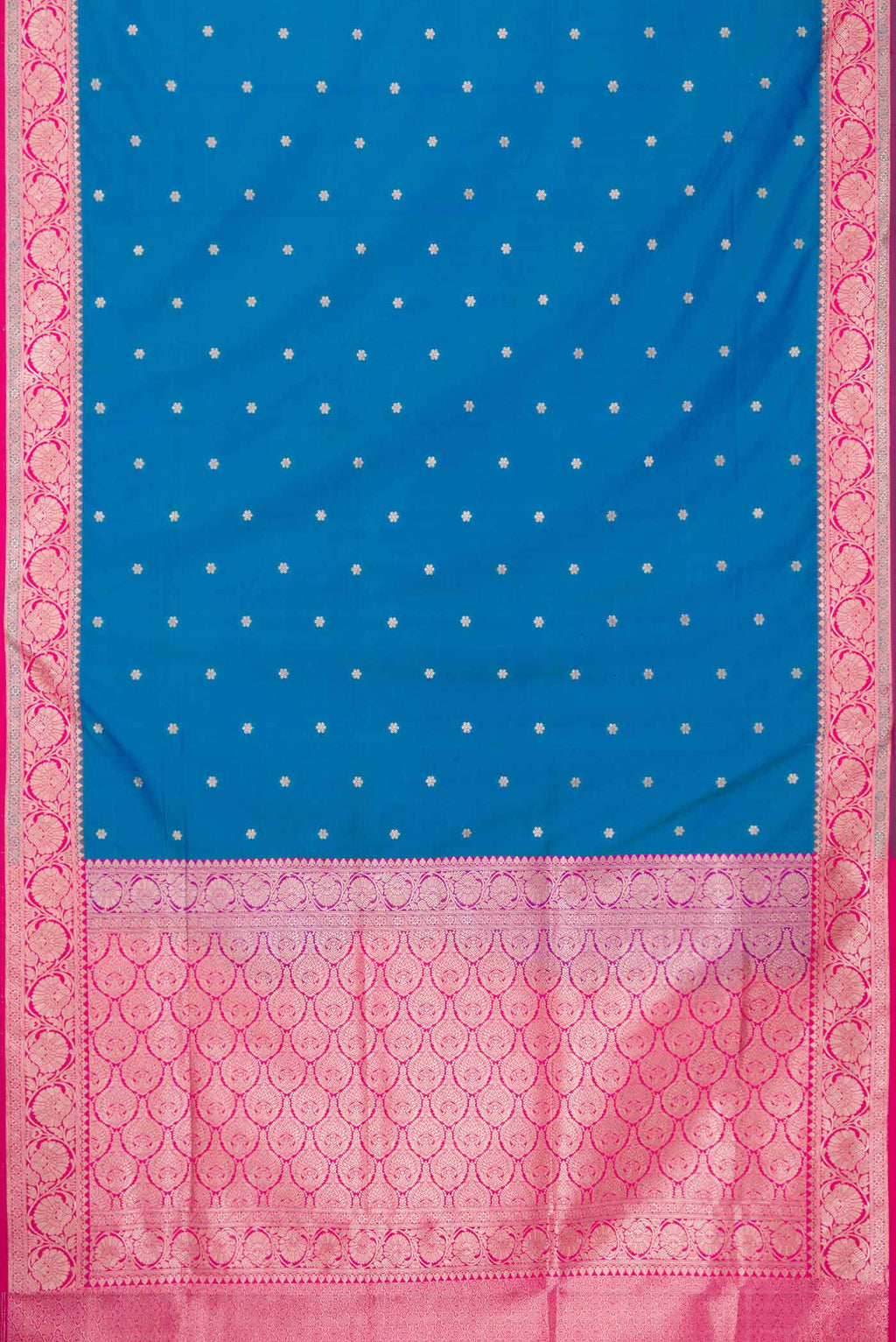 Flat view of Peacock Blue Dual Tone Blended Banarasi Silk Saree with Zari Butta on the body and Zari Border. 