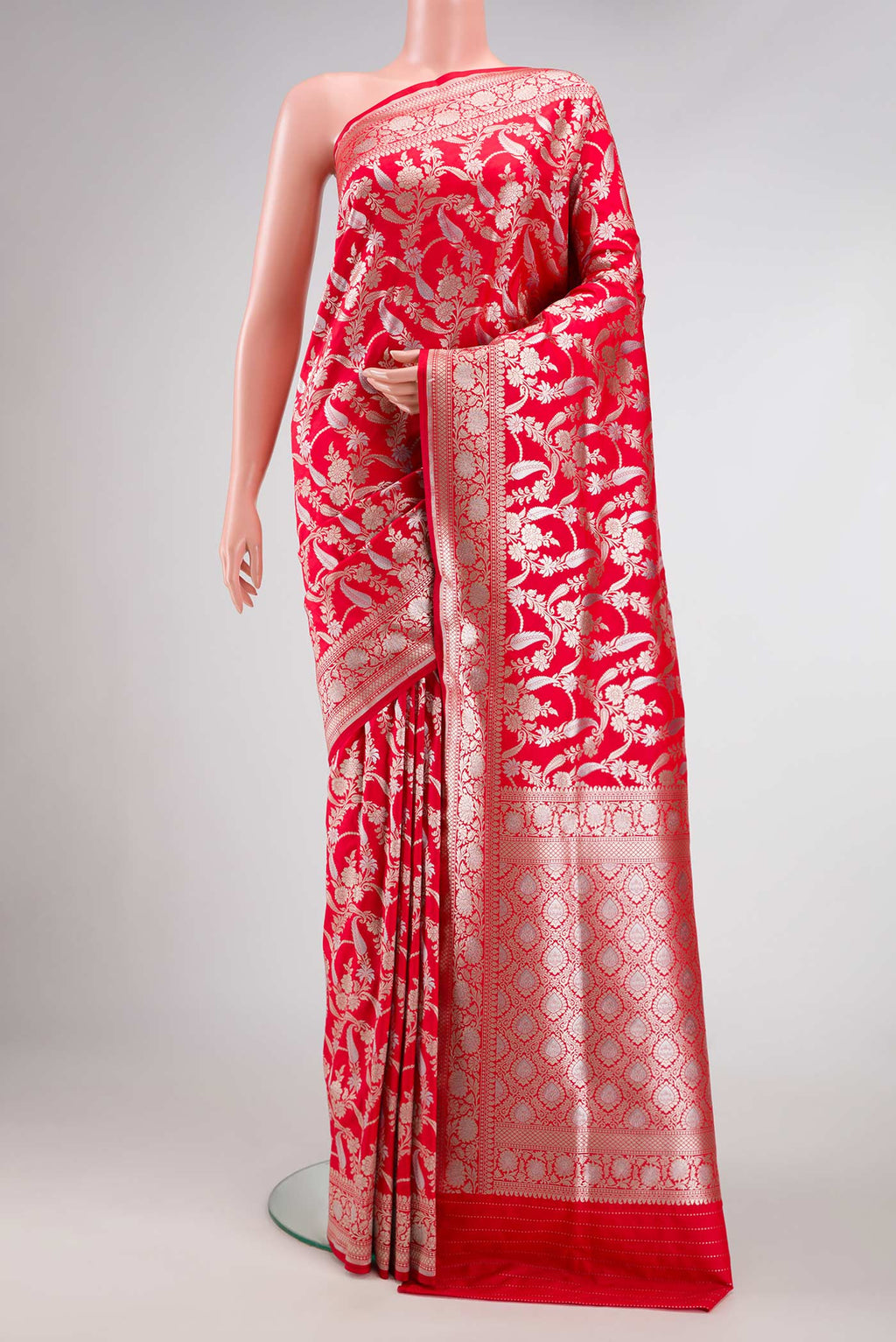 Red Dual Tone Blended Banarasi Silk Saree with Zari Brocade on the body and Zari Border.  displayed on a mannequin