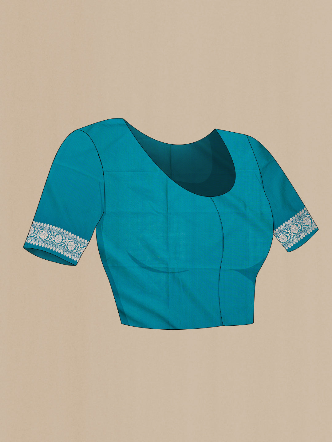 Close up image of the blouse of Peacock Blue Dual Tone Blended Banarasi Silk Saree with Zari Brocade on the body and Zari Border. 