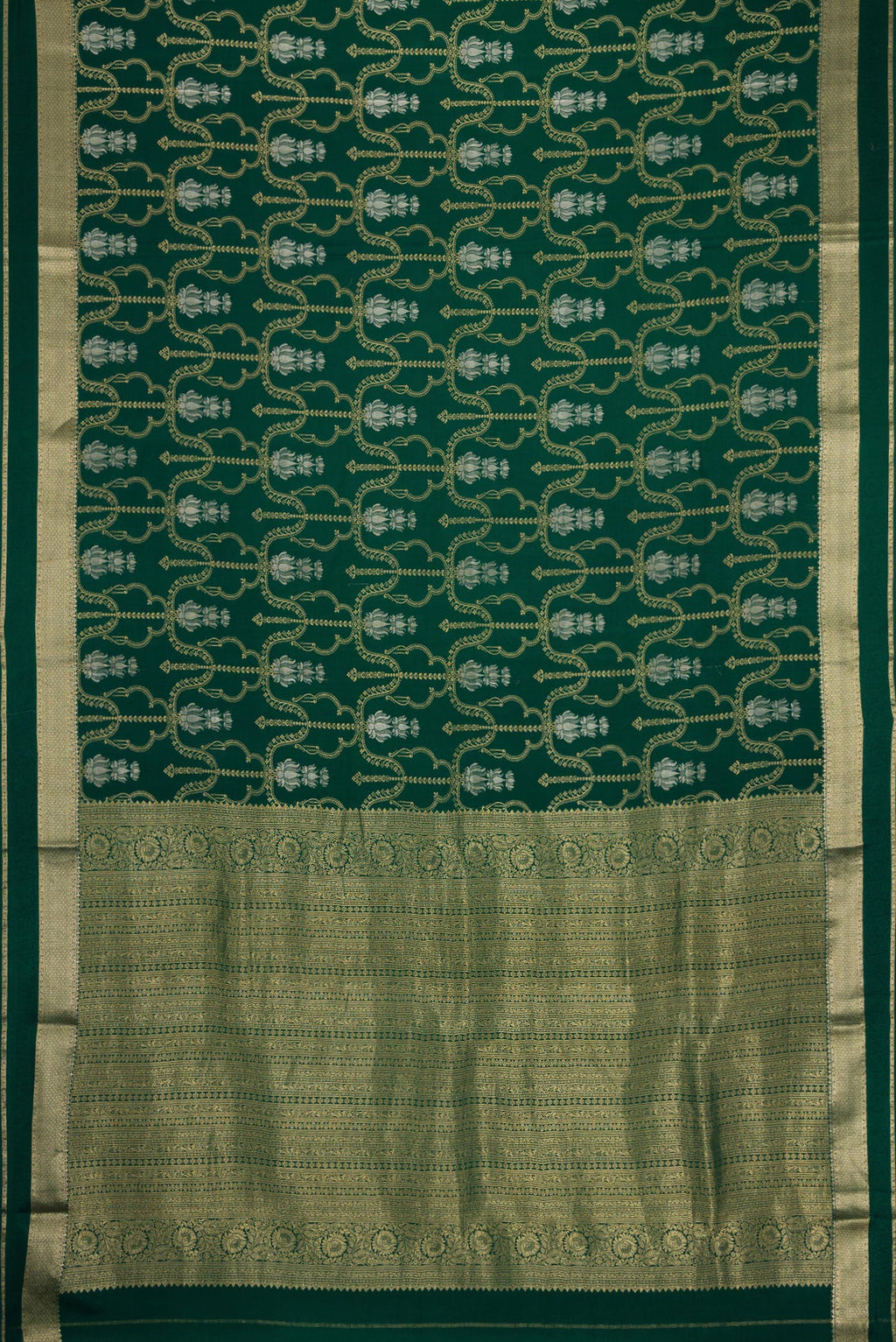 Flat view of Bottle Green Dual Tone Banarasi Georgette Saree with Zari Brocade on the body and Zari Border. 