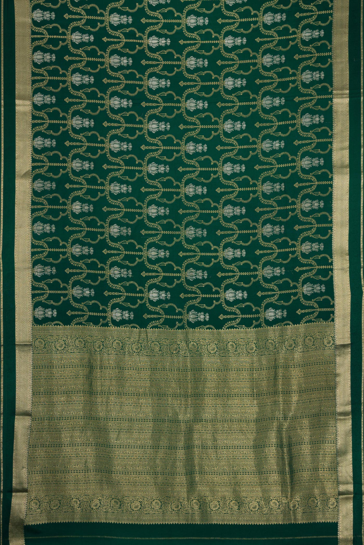 Flat view of Bottle Green Dual Tone Banarasi Georgette Saree with Zari Brocade on the body and Zari Border. 