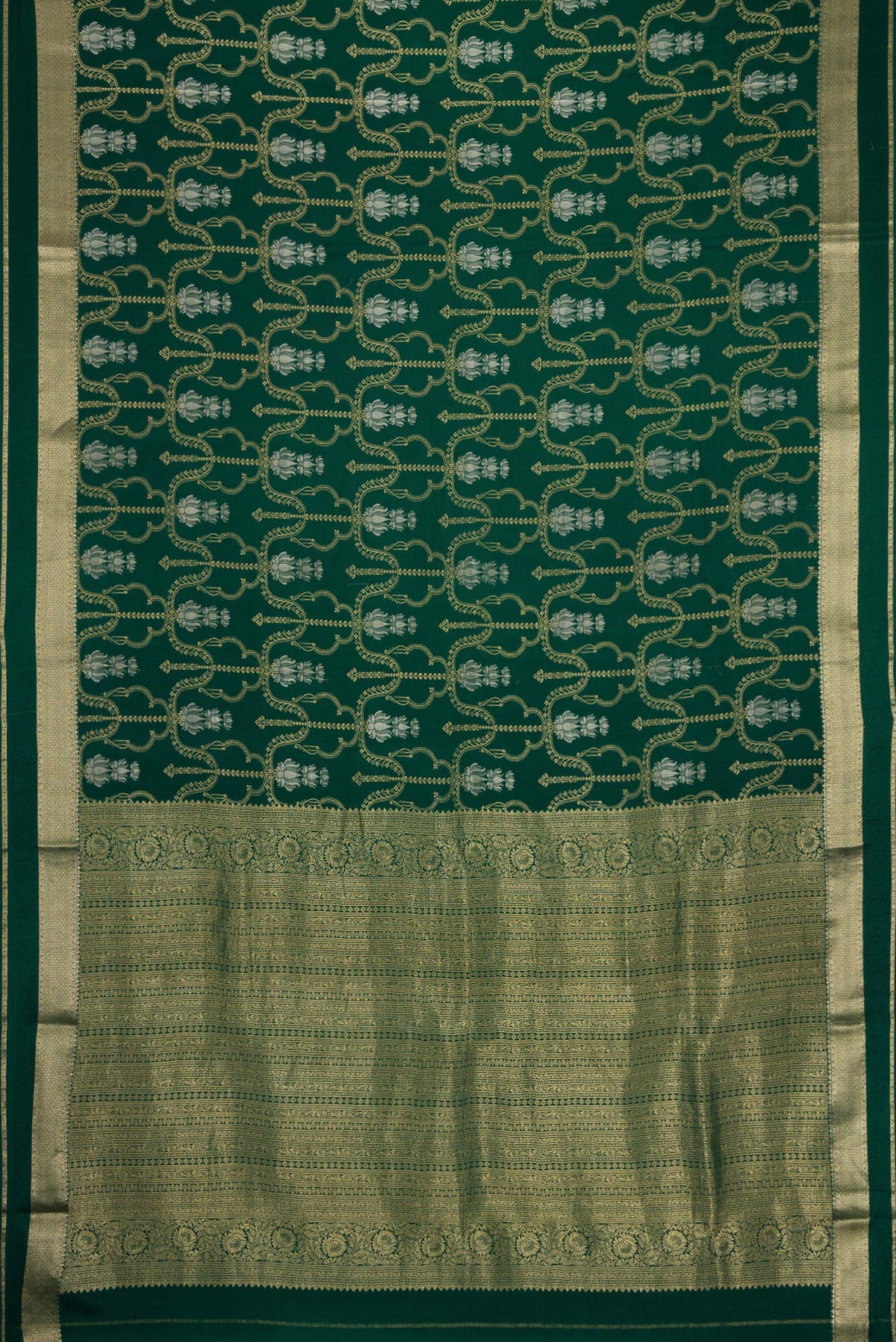 Flat view of Bottle Green Dual Tone Banarasi Georgette Saree with Zari Brocade on the body and Zari Border. 