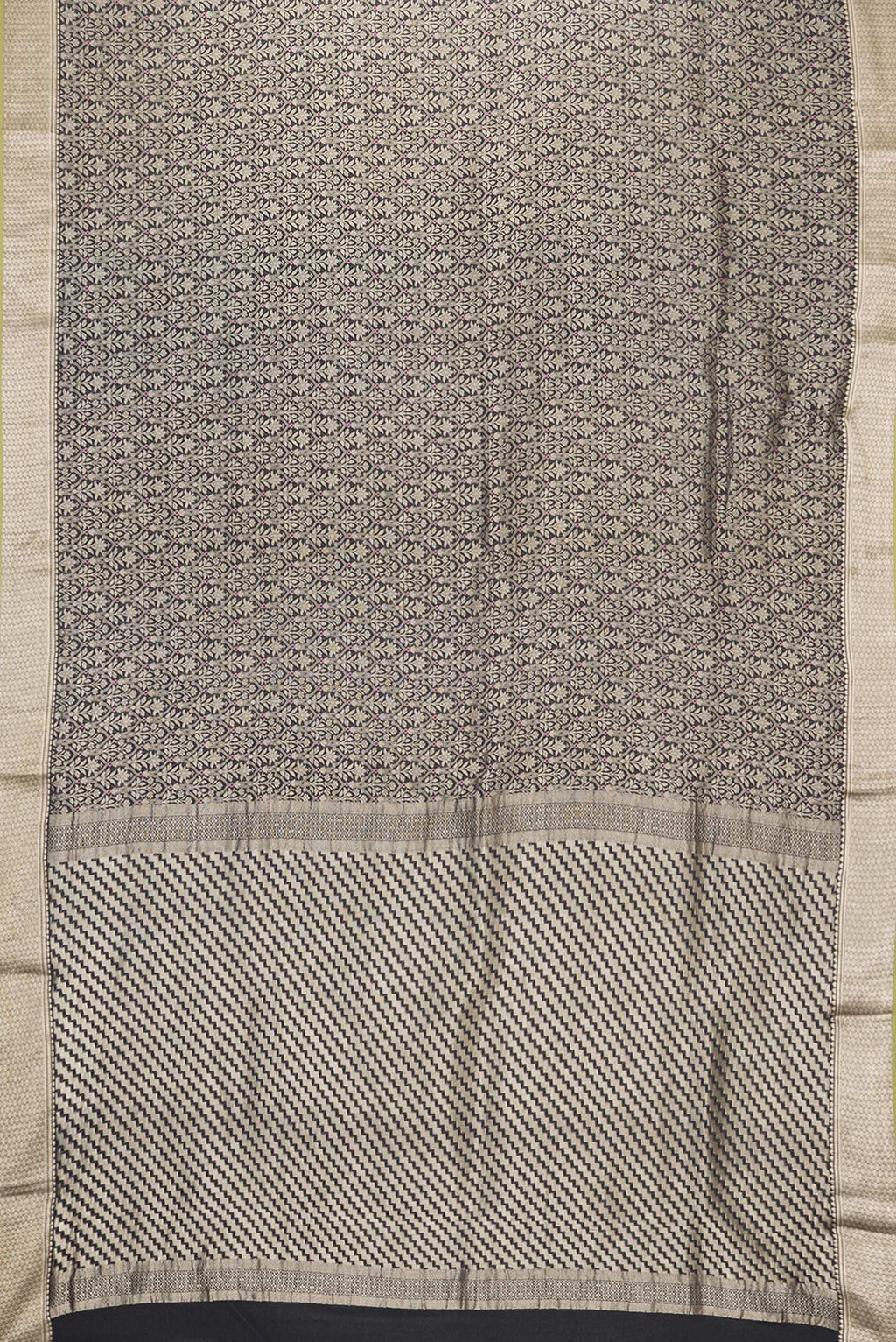 Flat view of Black Dual Tone Banarasi Georgette Saree with Zari Brocade on the body and Zari Border. 