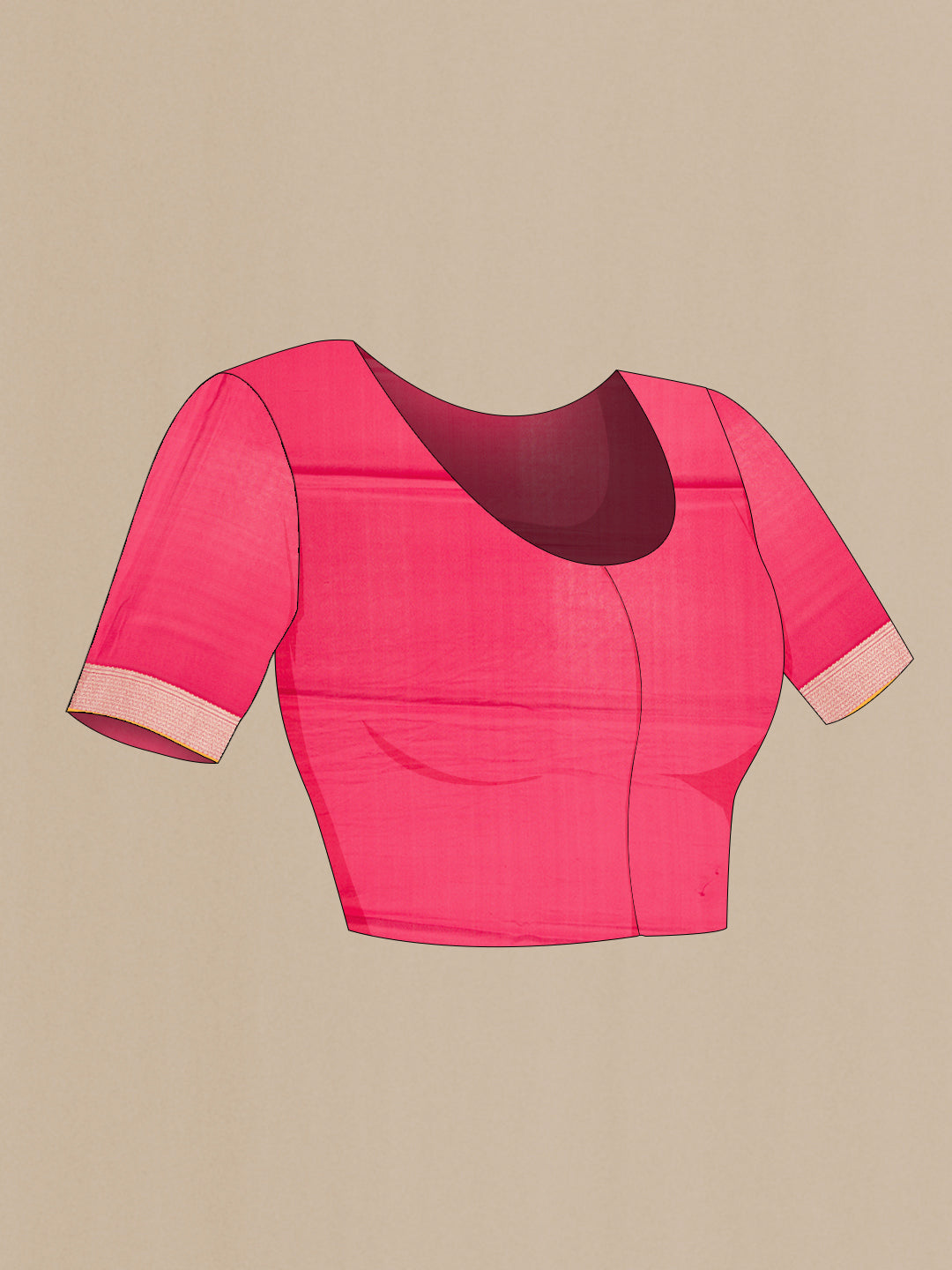 Close up image of the blouse of Pink Dual Tone Mysore Crepe Saree with Zari Brocade on the body and Zari Border. 