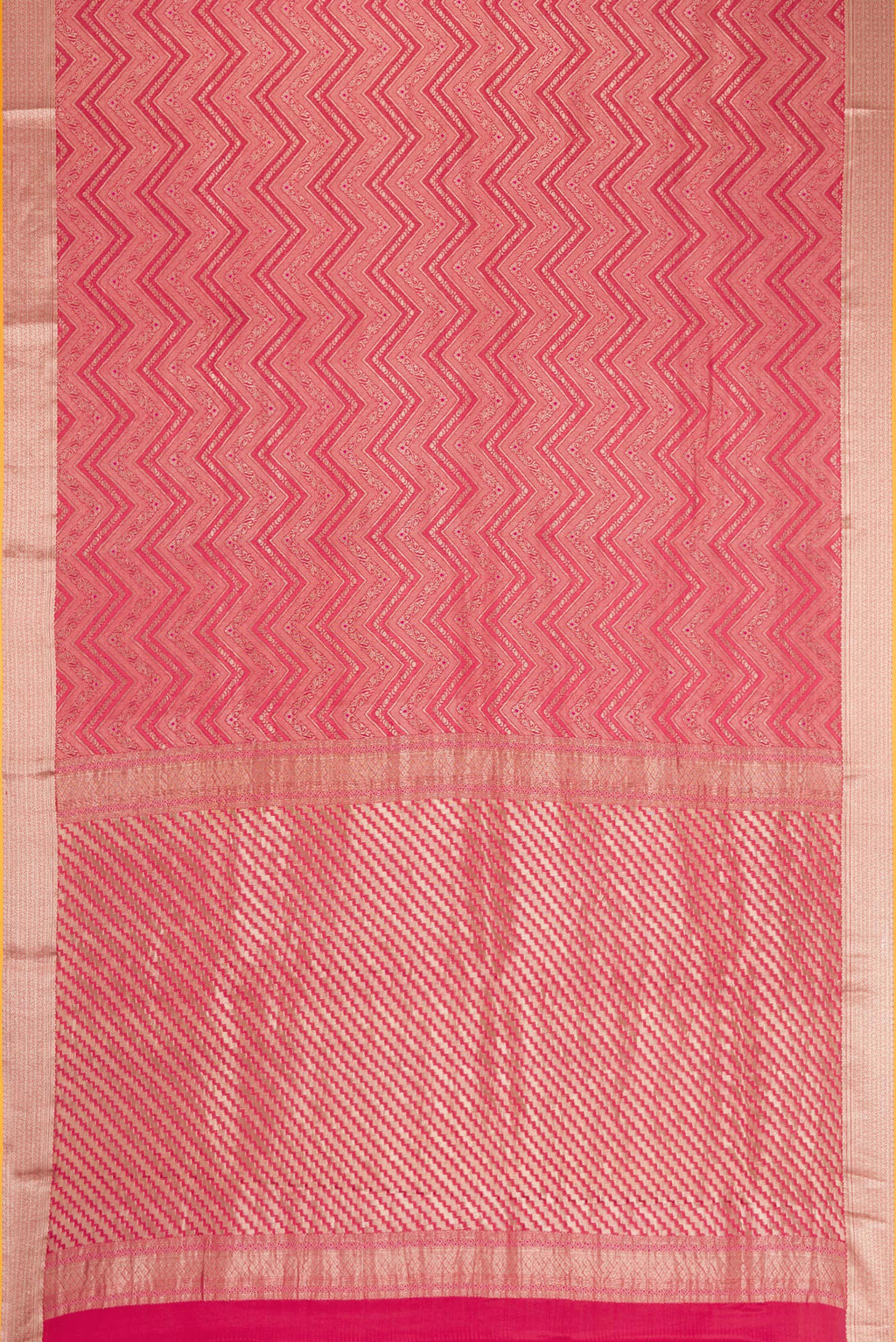 Flat view of Pink Dual Tone Mysore Crepe Saree with Zari Brocade on the body and Zari Border. 