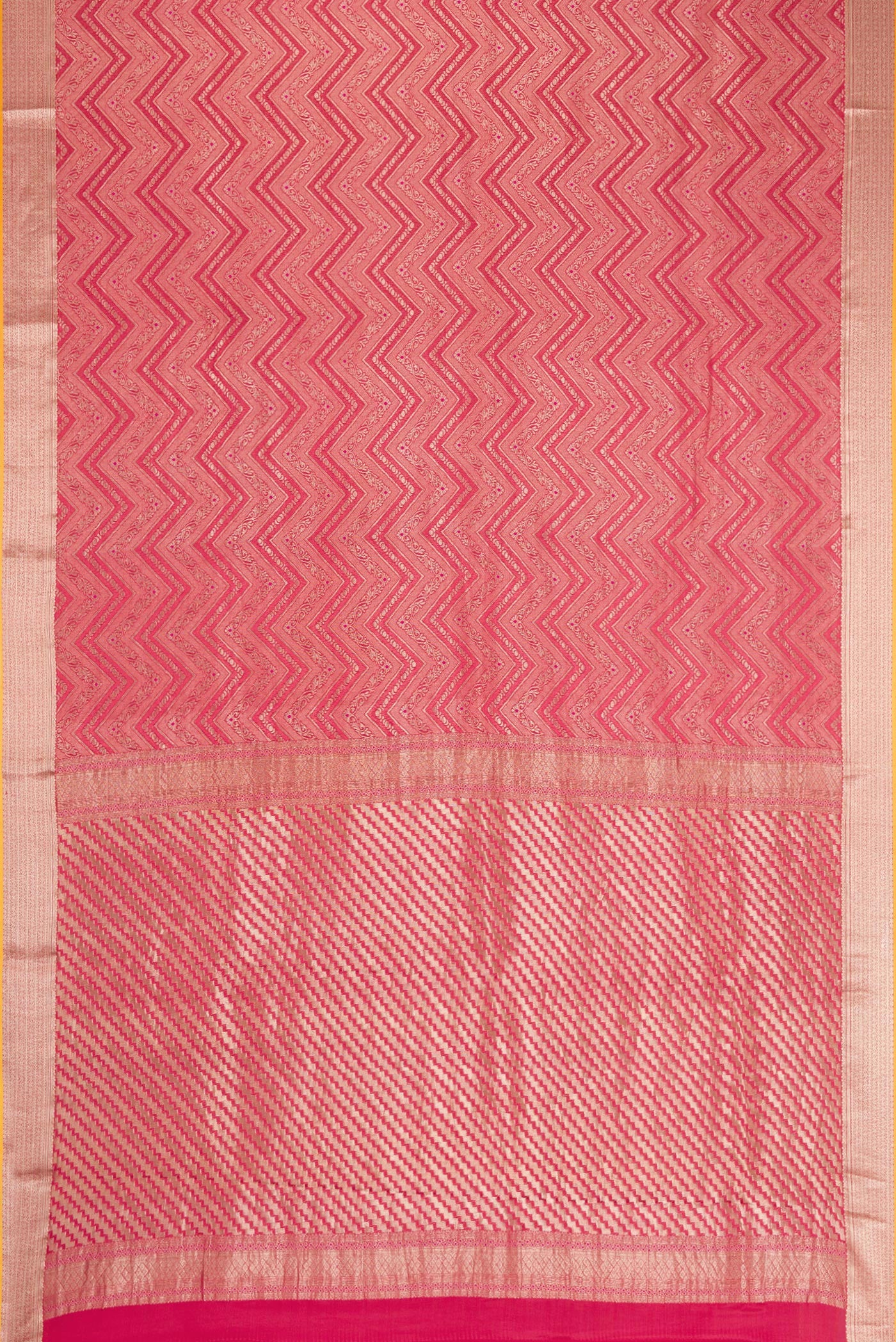 Flat view of Pink Dual Tone Mysore Crepe Saree with Zari Brocade on the body and Zari Border. 
