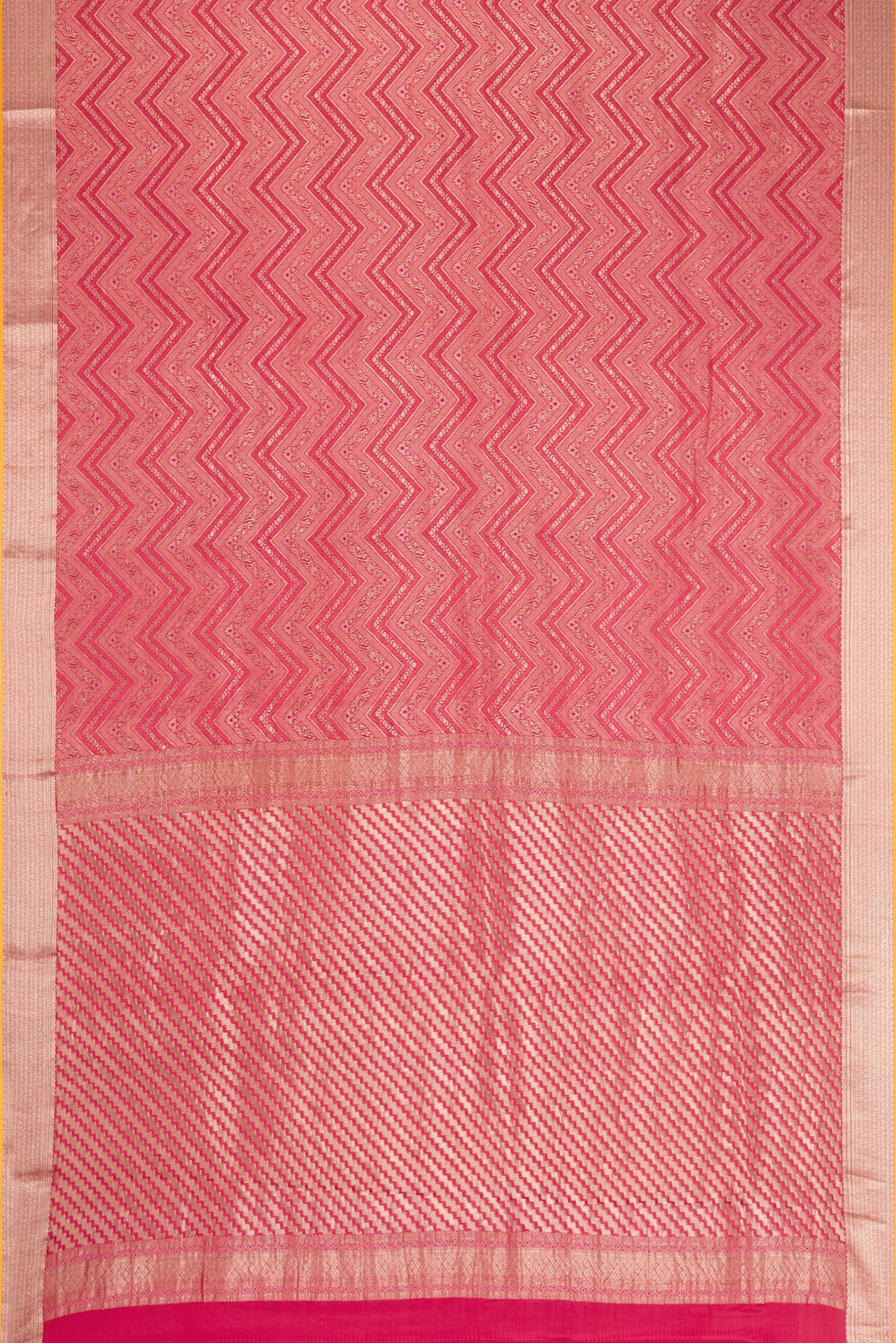 Flat view of Pink Dual Tone Mysore Crepe Saree with Zari Brocade on the body and Zari Border. 