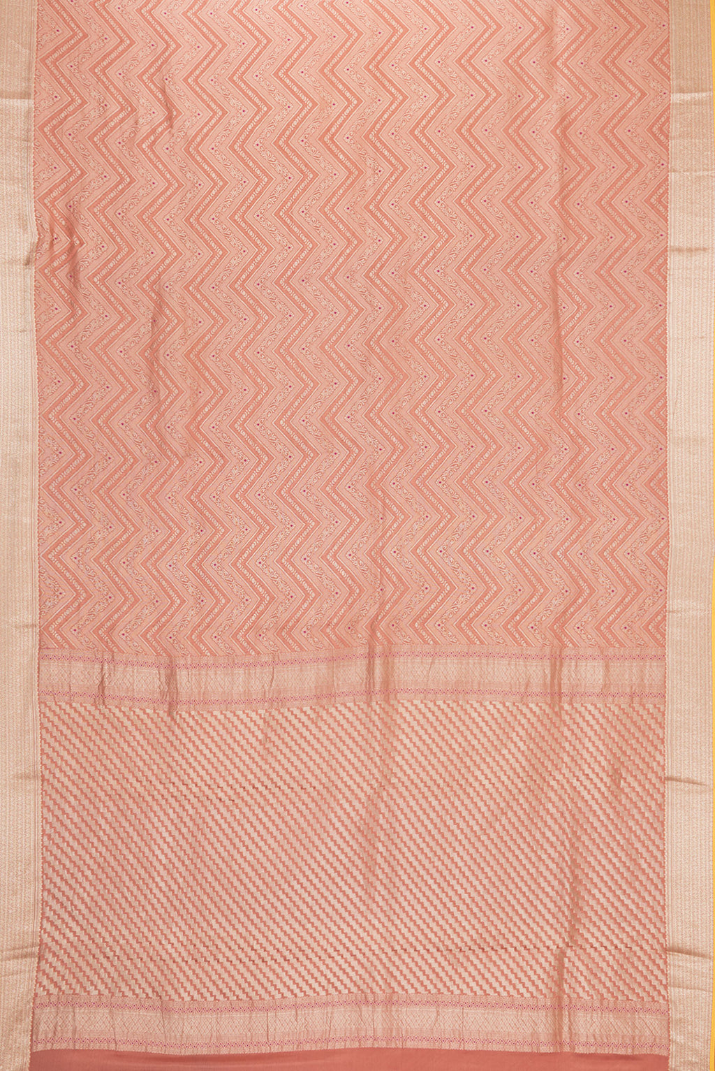 Flat view of Brick Orange Dual Tone Banarasi Georgette Saree with Zari Brocade on the body and Zari Border. 
