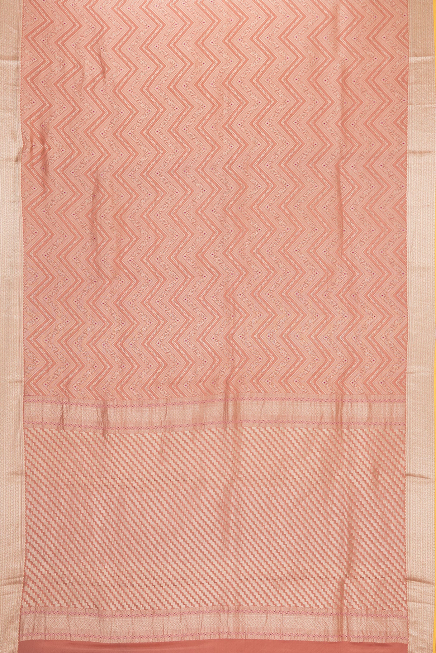 Flat view of Brick Orange Dual Tone Banarasi Georgette Saree with Zari Brocade on the body and Zari Border. 