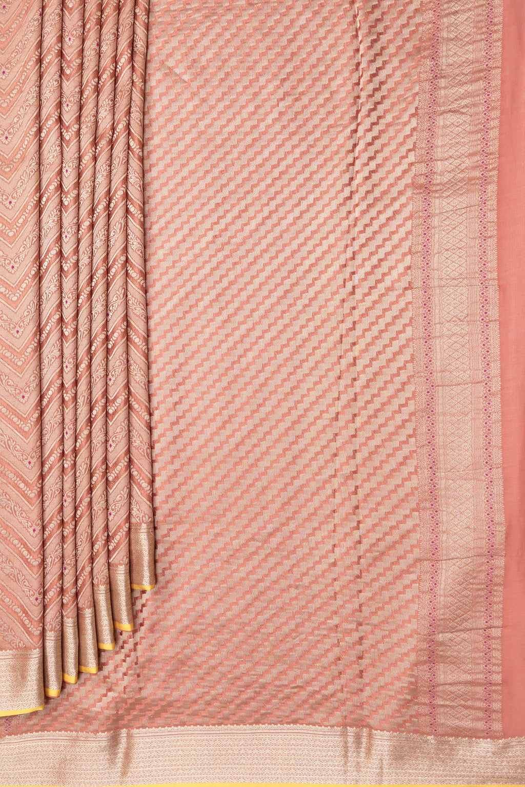 Pleats and pallu of Brick Orange Dual Tone Banarasi Georgette Saree with Zari Brocade on the body and Zari Border. 